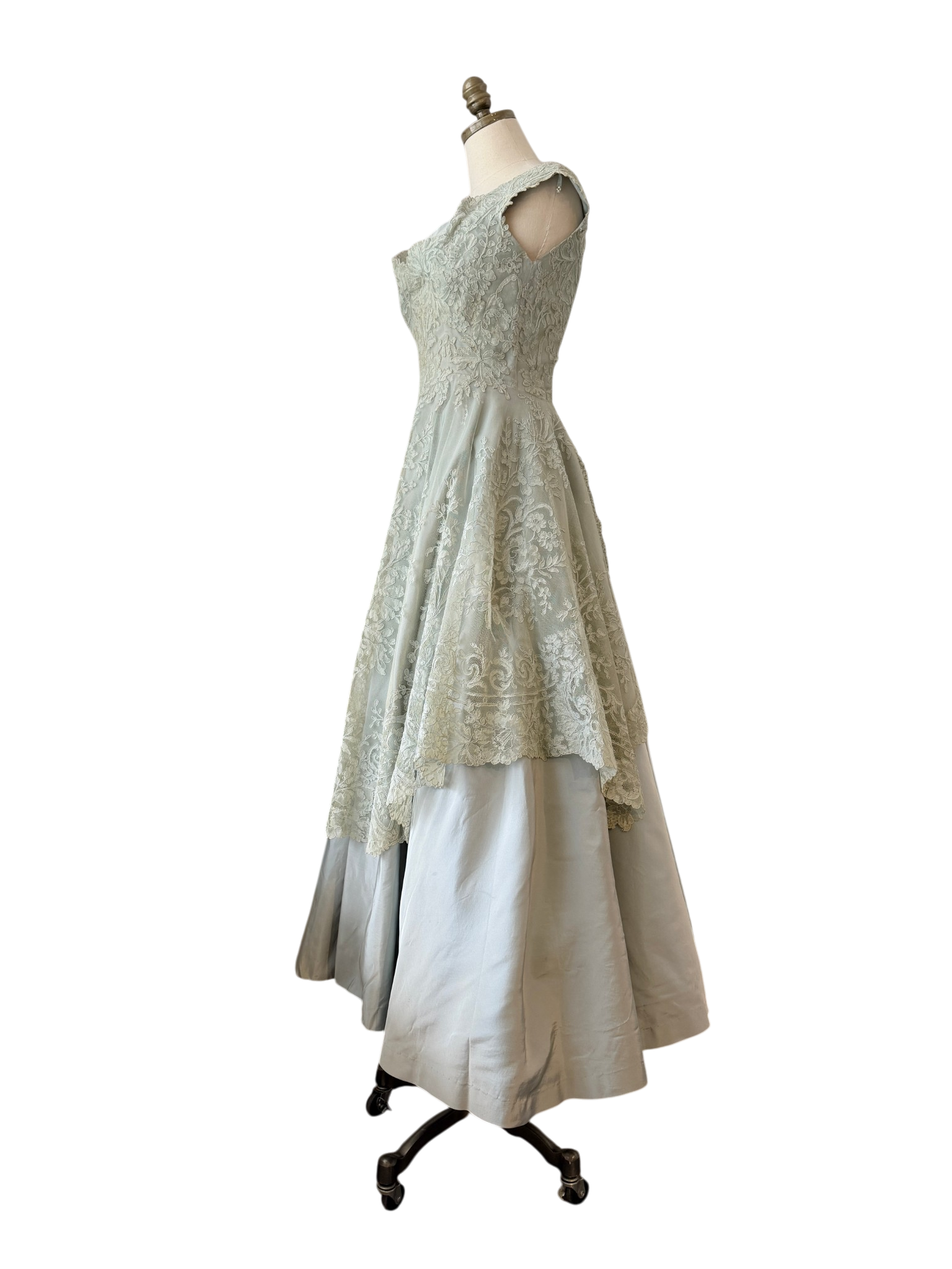 1953 Custom-Made Seafoam Lace & Taffeta Evening Dress with Sash and Matching Belt
