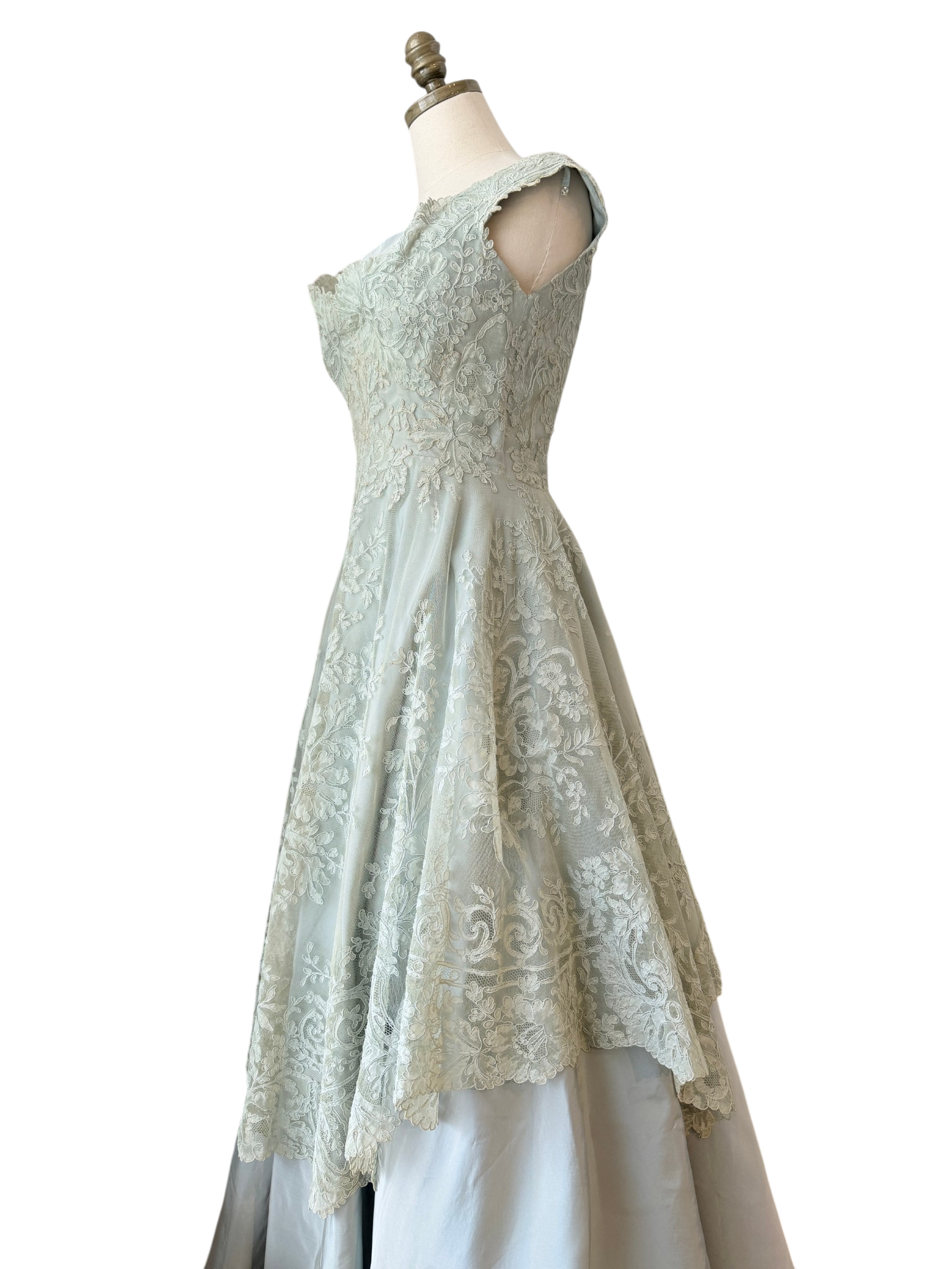 1953 Custom-Made Seafoam Lace & Taffeta Evening Dress with Sash and Matching Belt