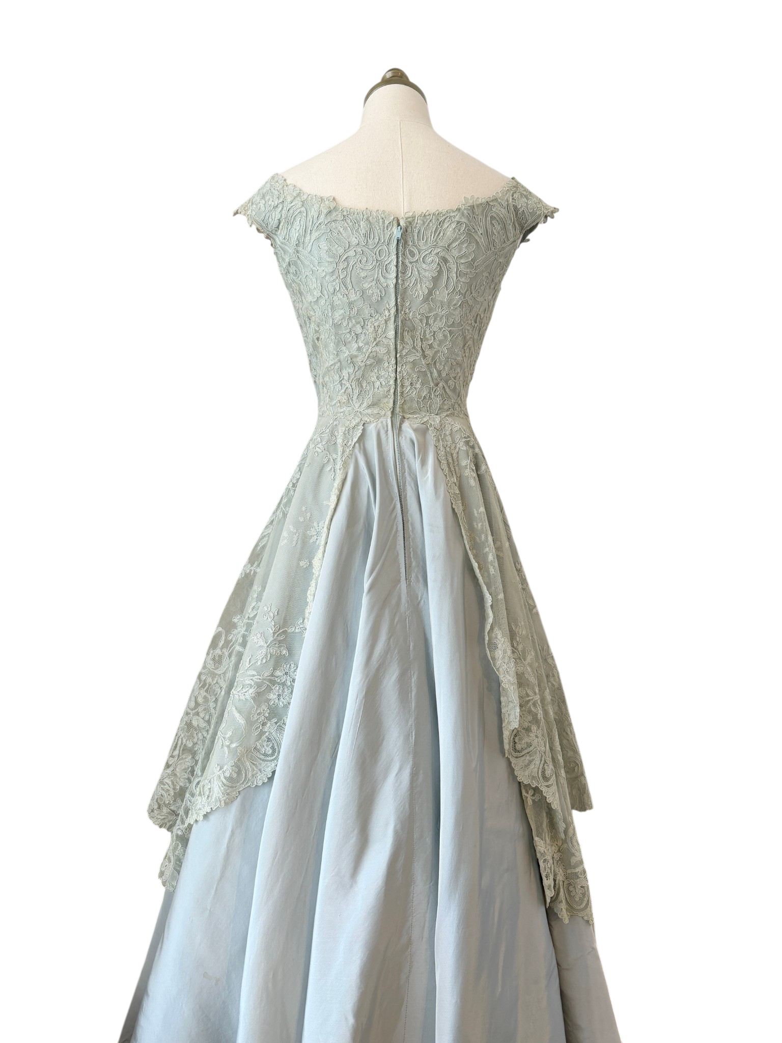 1953 Custom-Made Seafoam Lace & Taffeta Evening Dress with Sash and Matching Belt