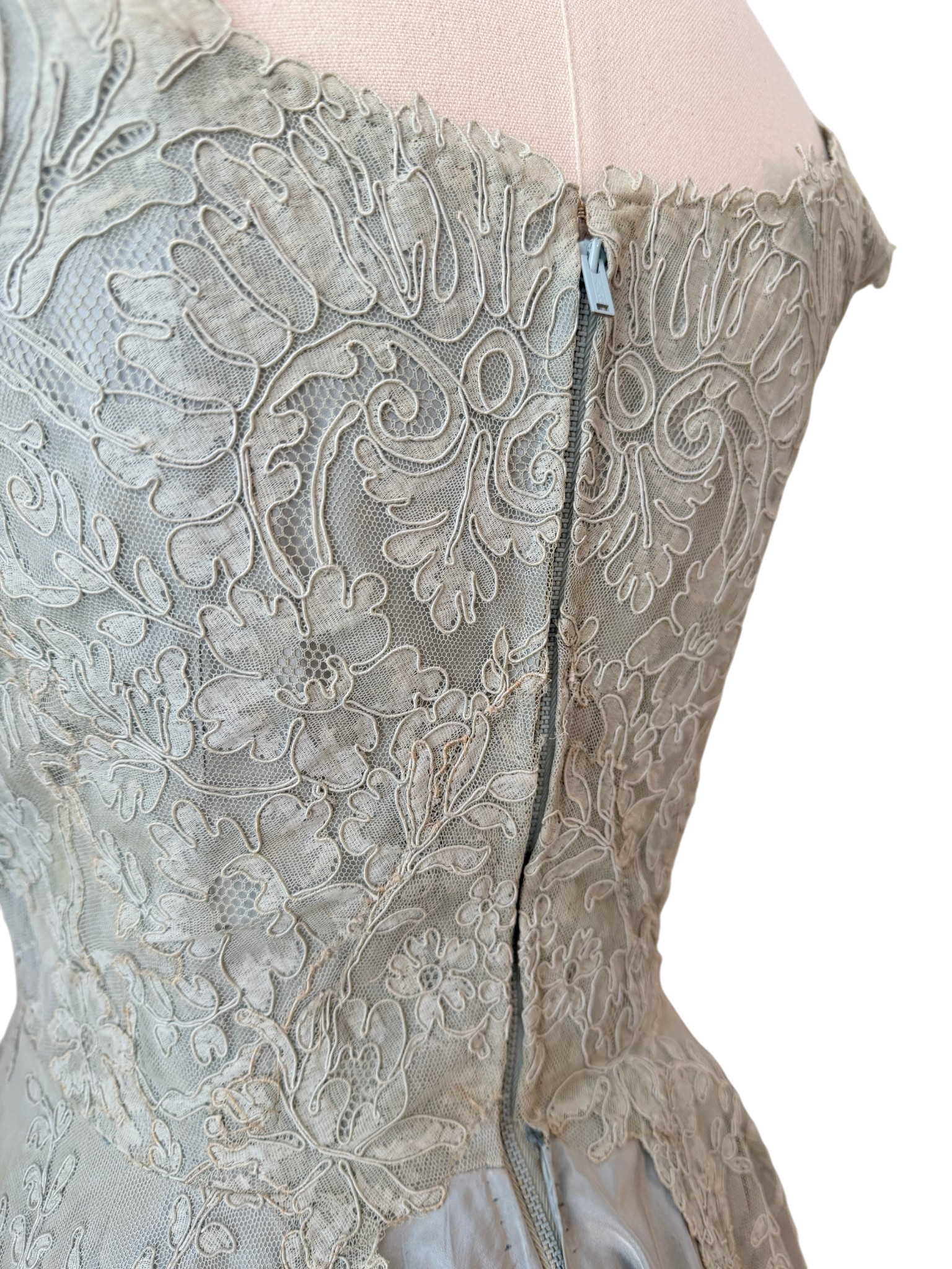 1953 Custom-Made Seafoam Lace & Taffeta Evening Dress with Sash and Matching Belt