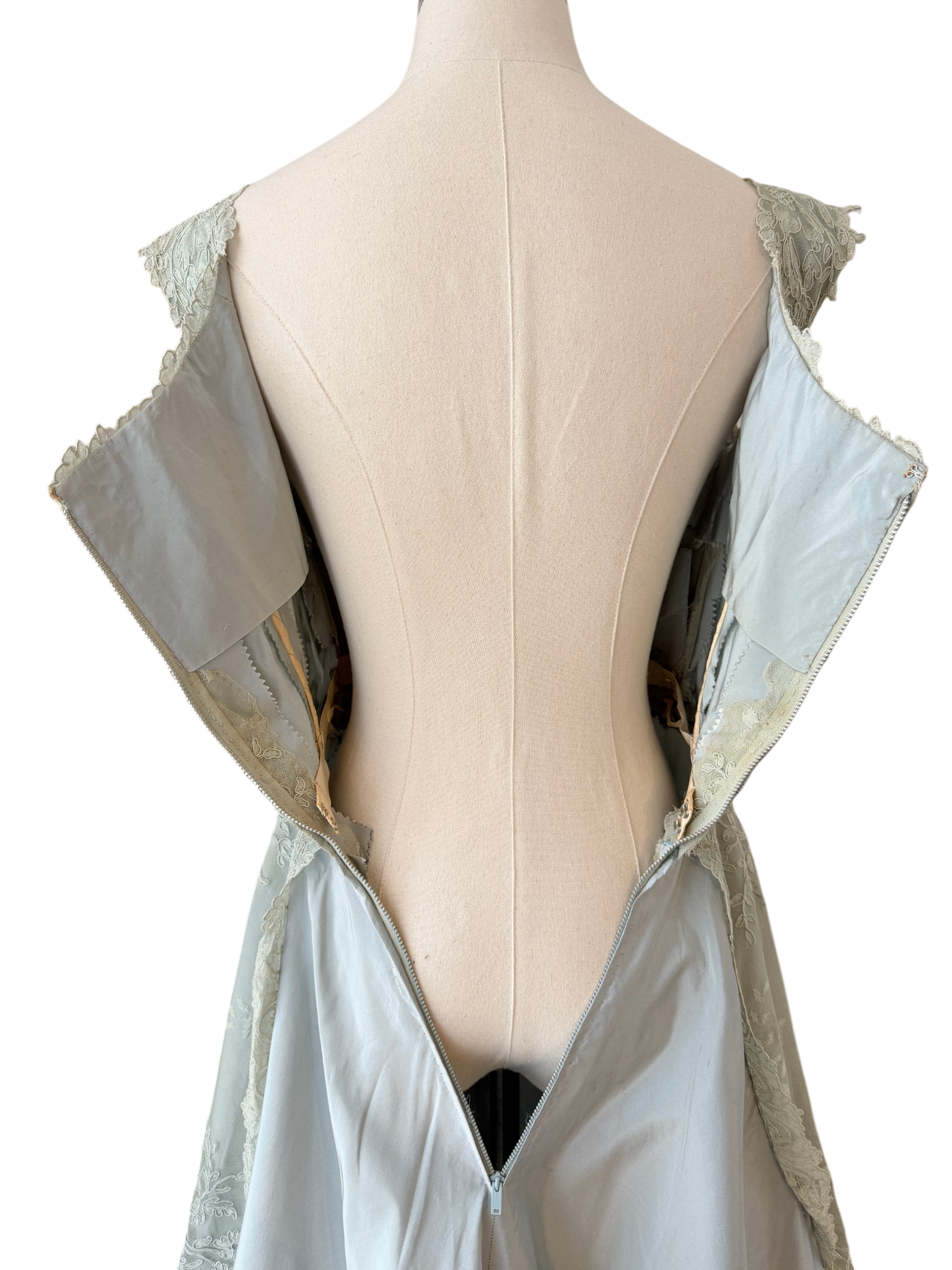 1953 Custom-Made Seafoam Lace & Taffeta Evening Dress with Sash and Matching Belt