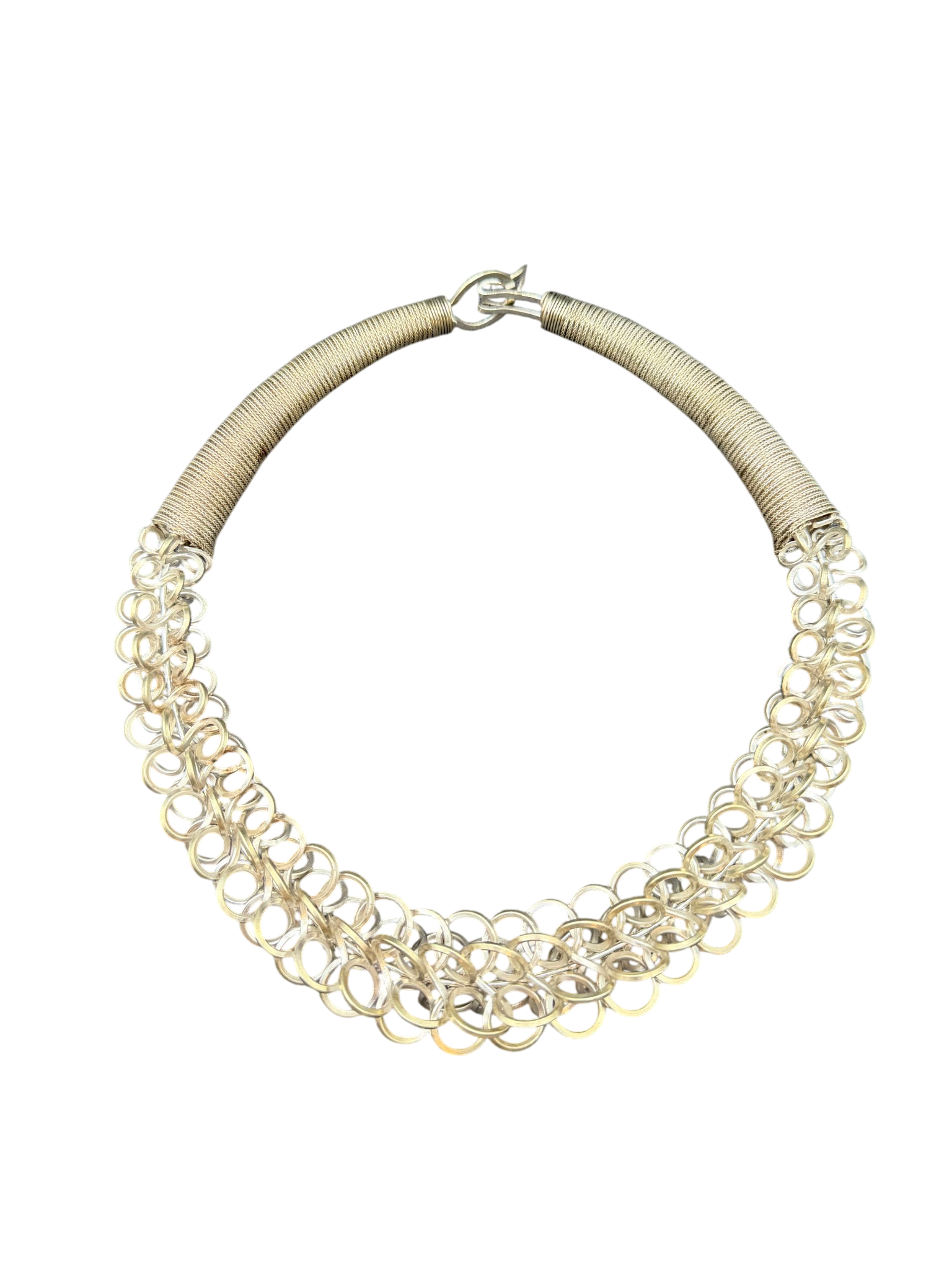 1970s Tribal Sterling Silver Collar Necklace with Wrapped Chain and Twisted Loop Detail