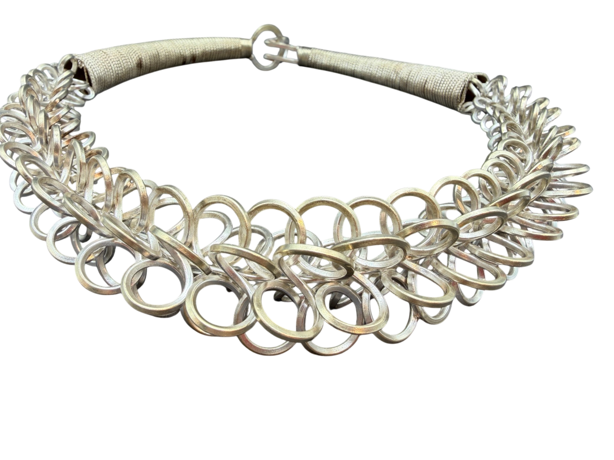 1970s Tribal Sterling Silver Collar Necklace with Wrapped Chain and Twisted Loop Detail