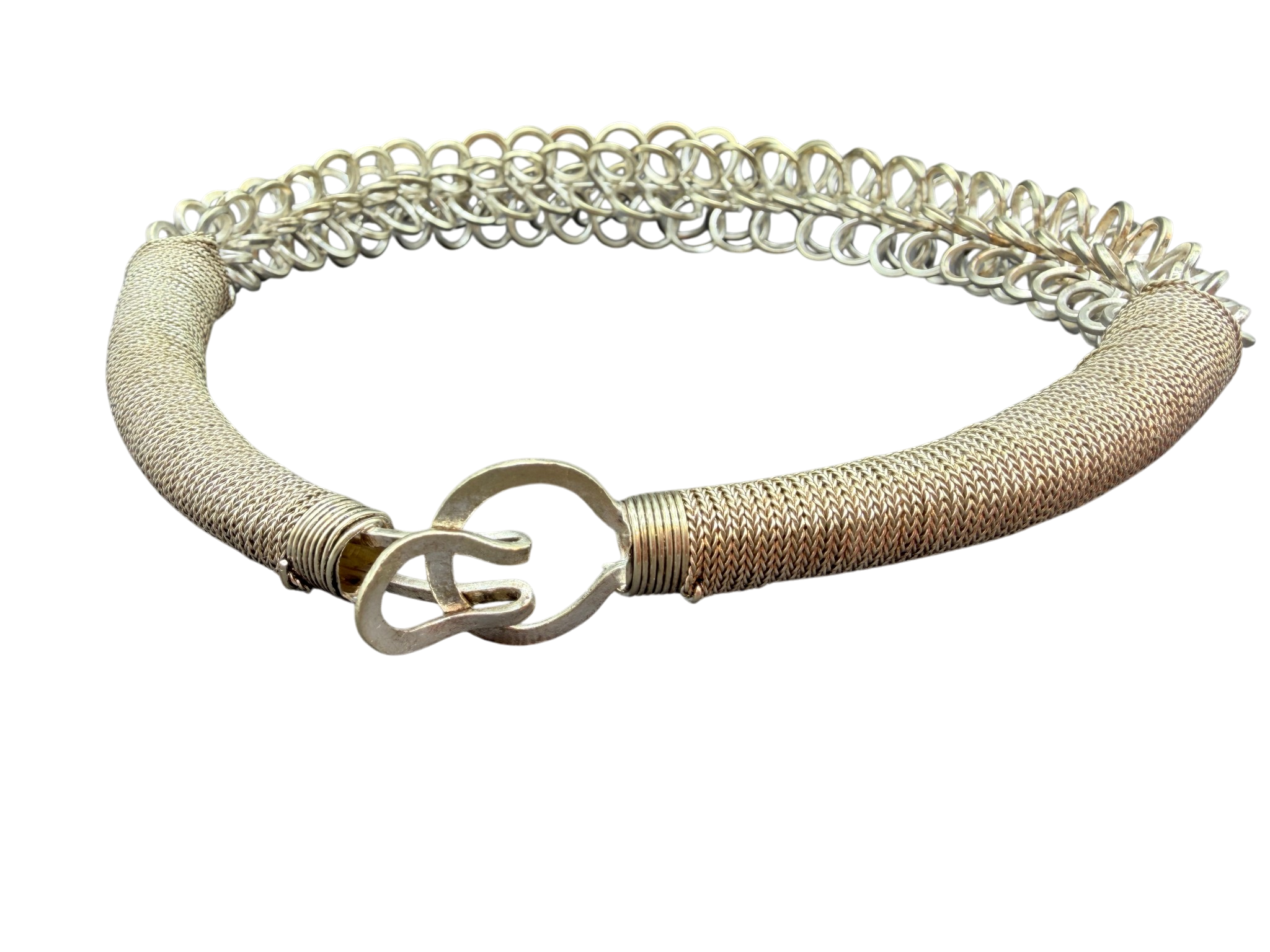 1970s Tribal Sterling Silver Collar Necklace with Wrapped Chain and Twisted Loop Detail
