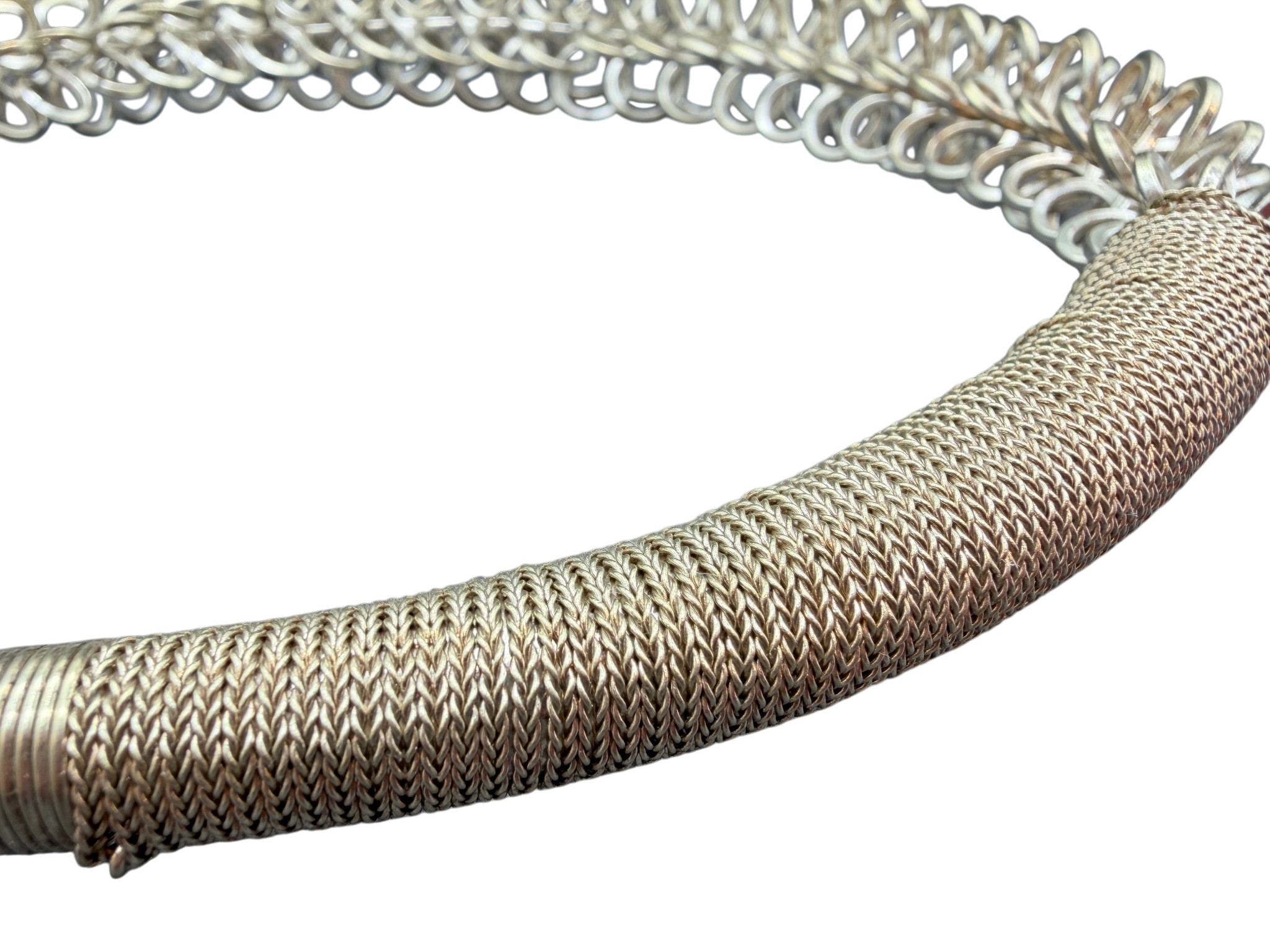 1970s Tribal Sterling Silver Collar Necklace with Wrapped Chain and Twisted Loop Detail