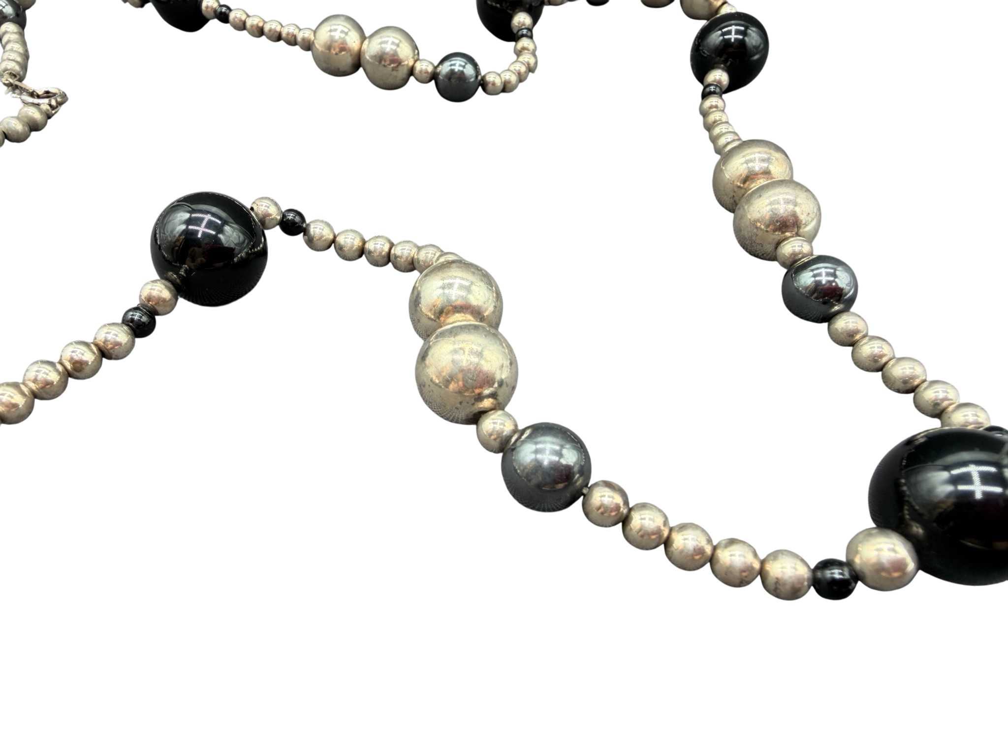 Sterling Silver, Hematite &amp; Onyx Beaded Necklace with 12K Gold-Filled Clasp