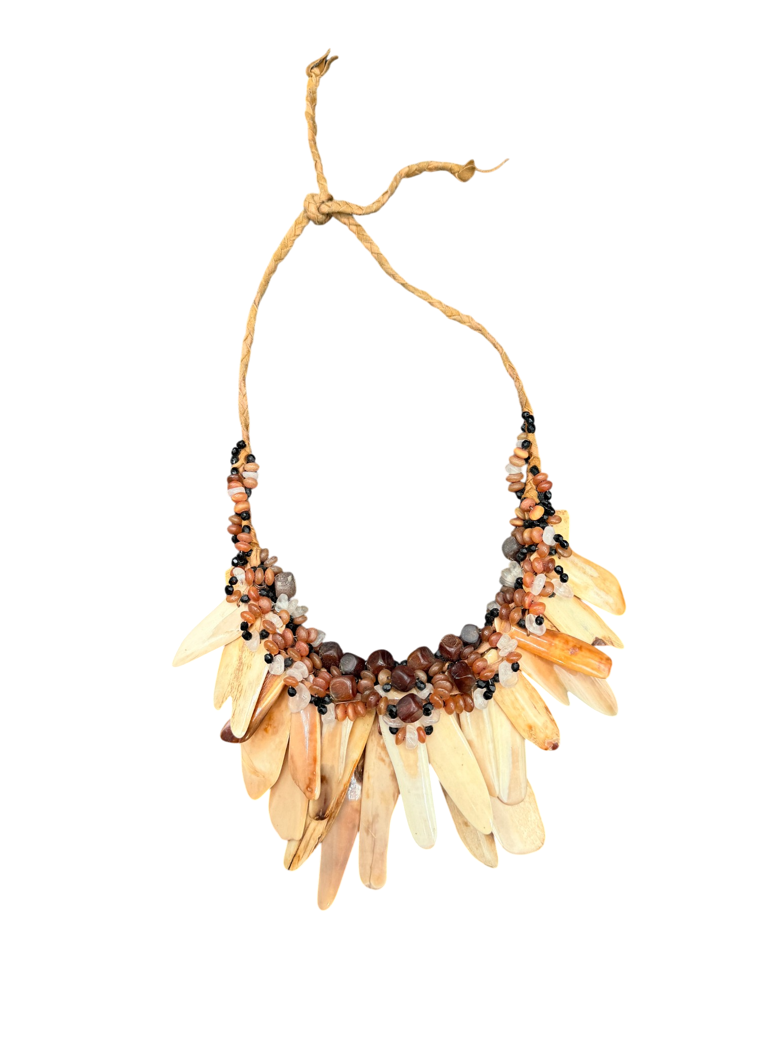 1970s Tribal Braided Leather Bib Necklace with Amber, Quartz &amp; Bone