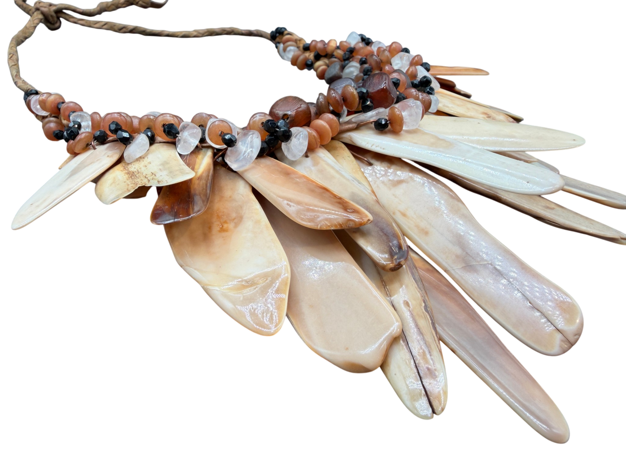 1970s Tribal Braided Leather Bib Necklace with Amber, Quartz &amp; Bone