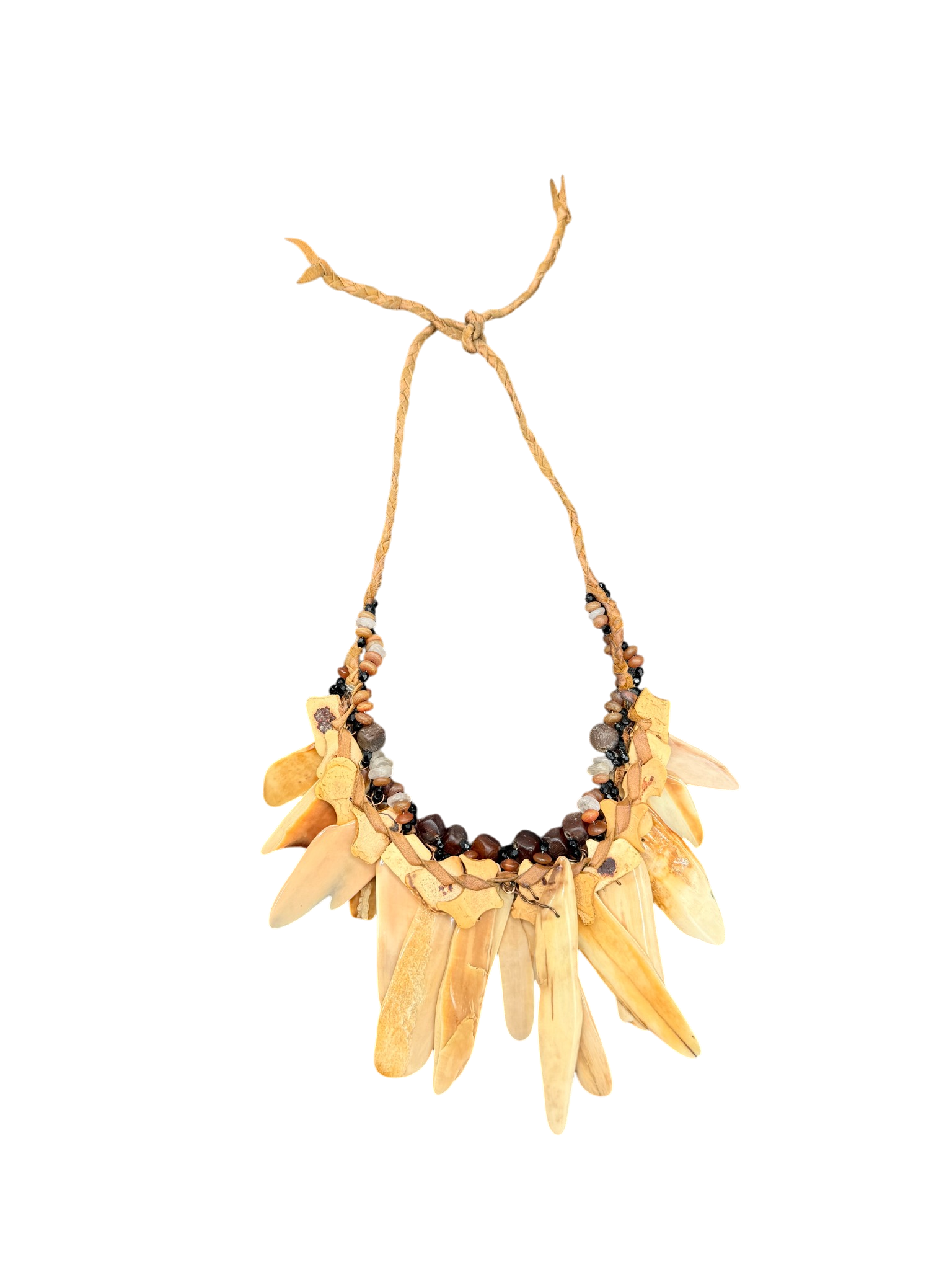 1970s Tribal Braided Leather Bib Necklace with Amber, Quartz &amp; Bone