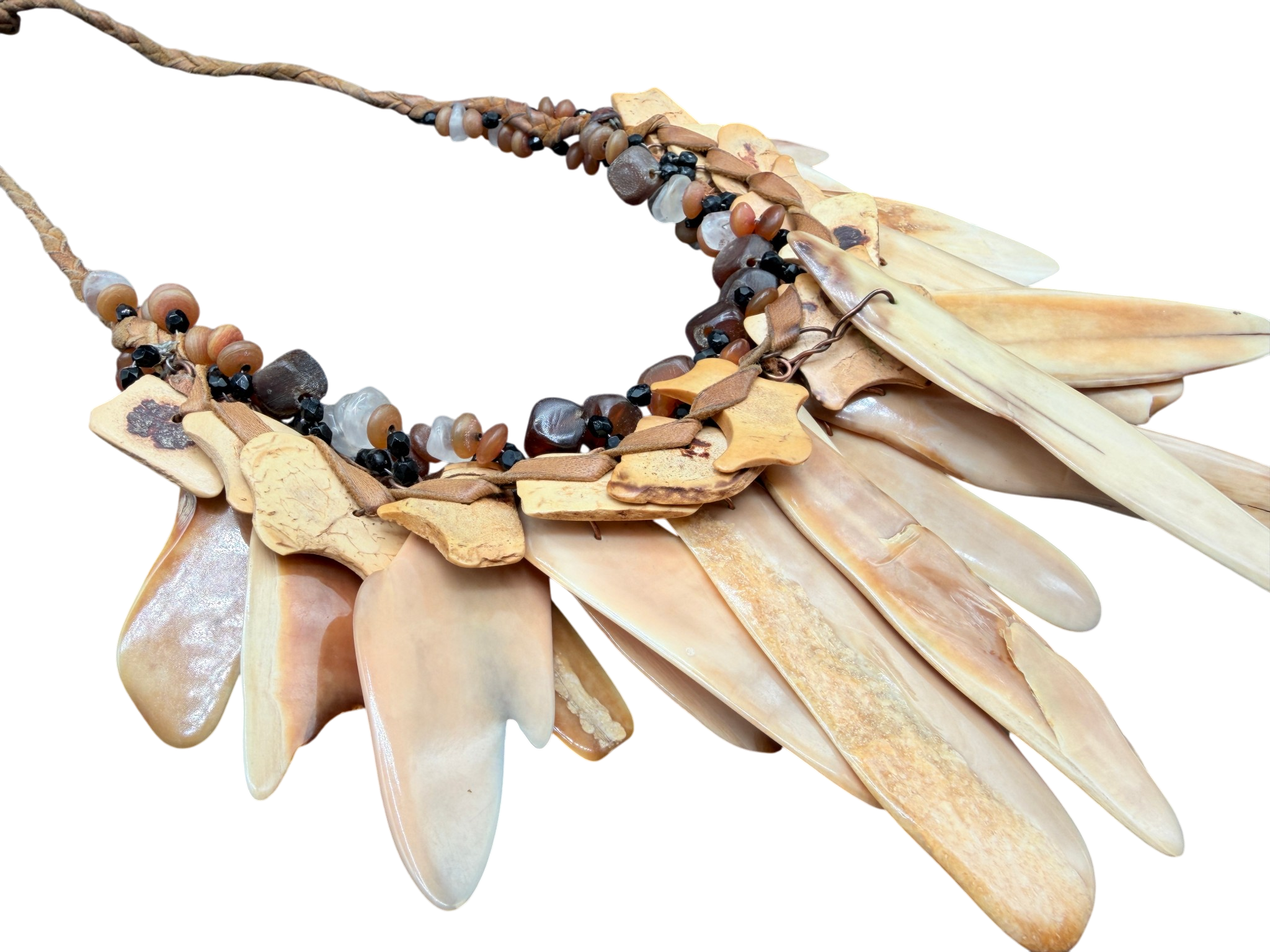 1970s Tribal Braided Leather Bib Necklace with Amber, Quartz &amp; Bone