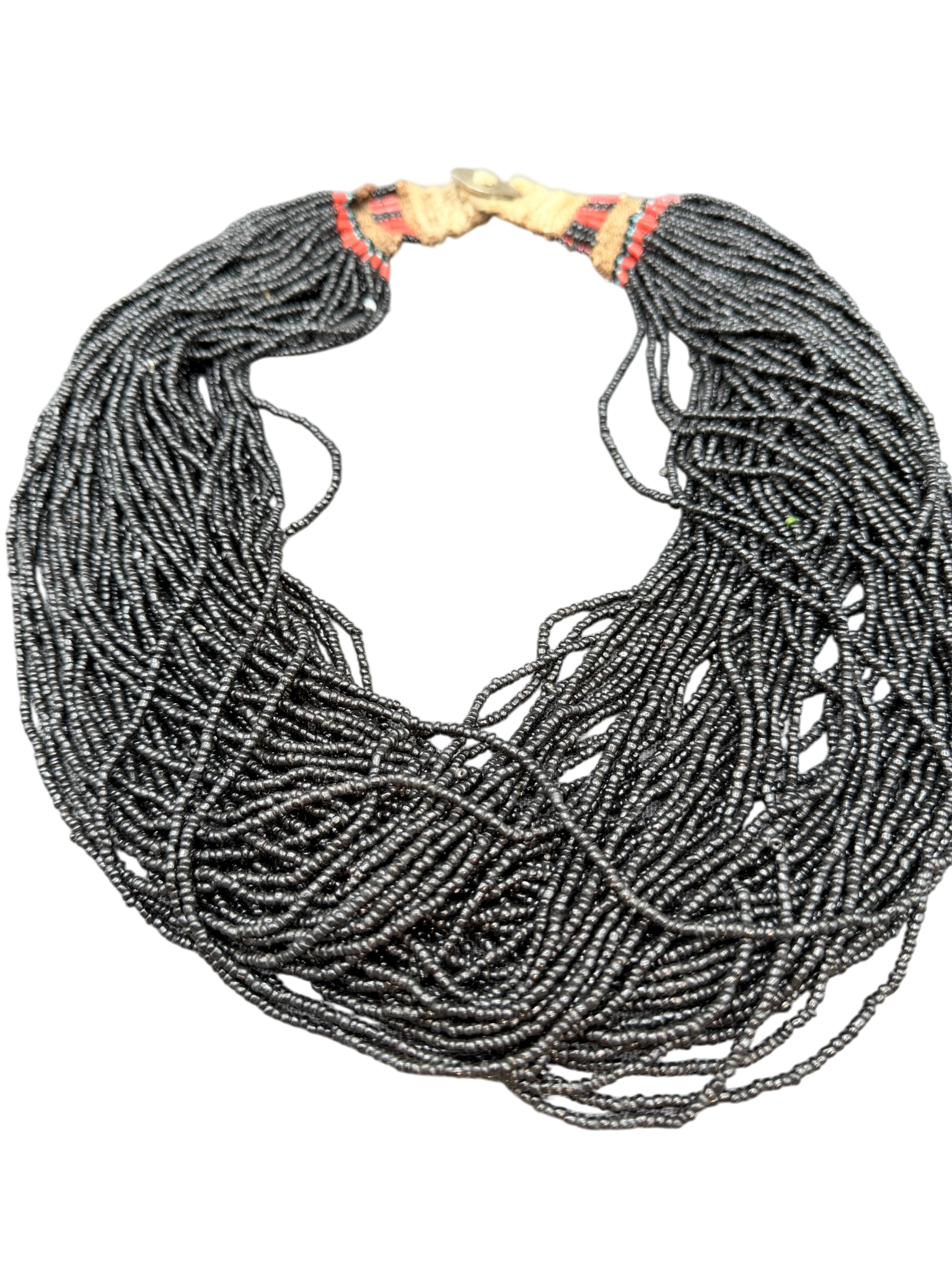 1970s Handmade 57-Strand Micro Black Glass Beaded Tribal Necklace with Coral Accents