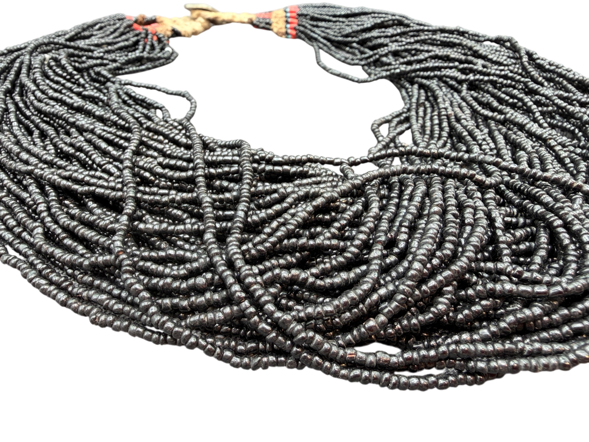 1970s Handmade 57-Strand Micro Black Glass Beaded Tribal Necklace with Coral Accents