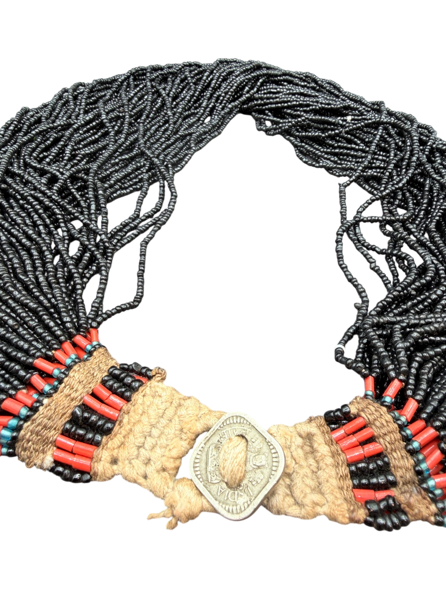 1970s Handmade 57-Strand Micro Black Glass Beaded Tribal Necklace with Coral Accents