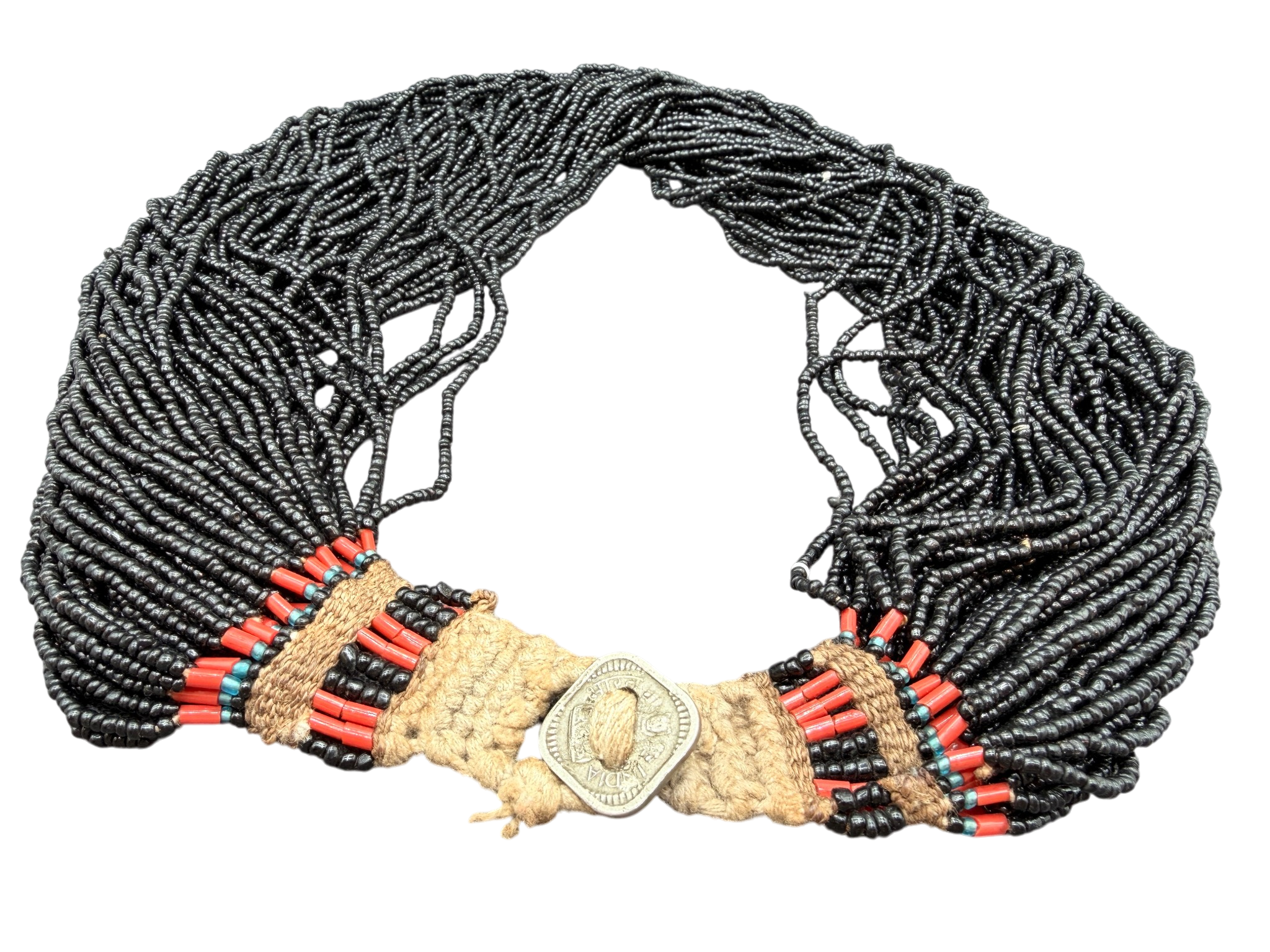 1970s Handmade 57-Strand Micro Black Glass Beaded Tribal Necklace with Coral Accents