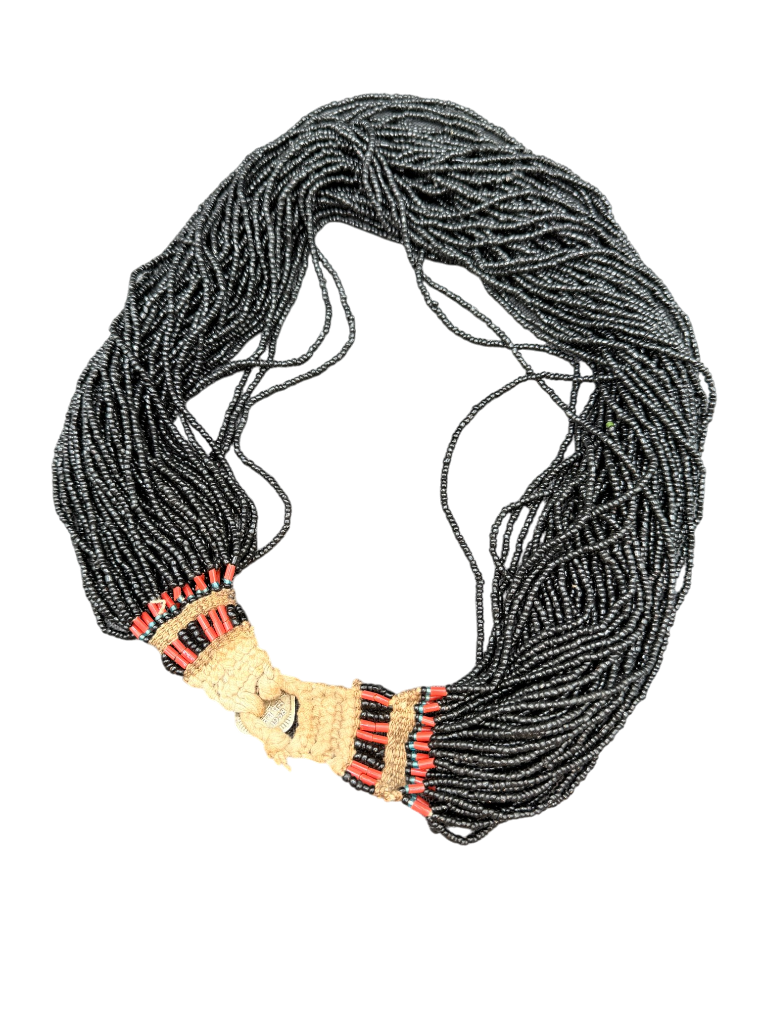 1970s Handmade 57-Strand Micro Black Glass Beaded Tribal Necklace with Coral Accents