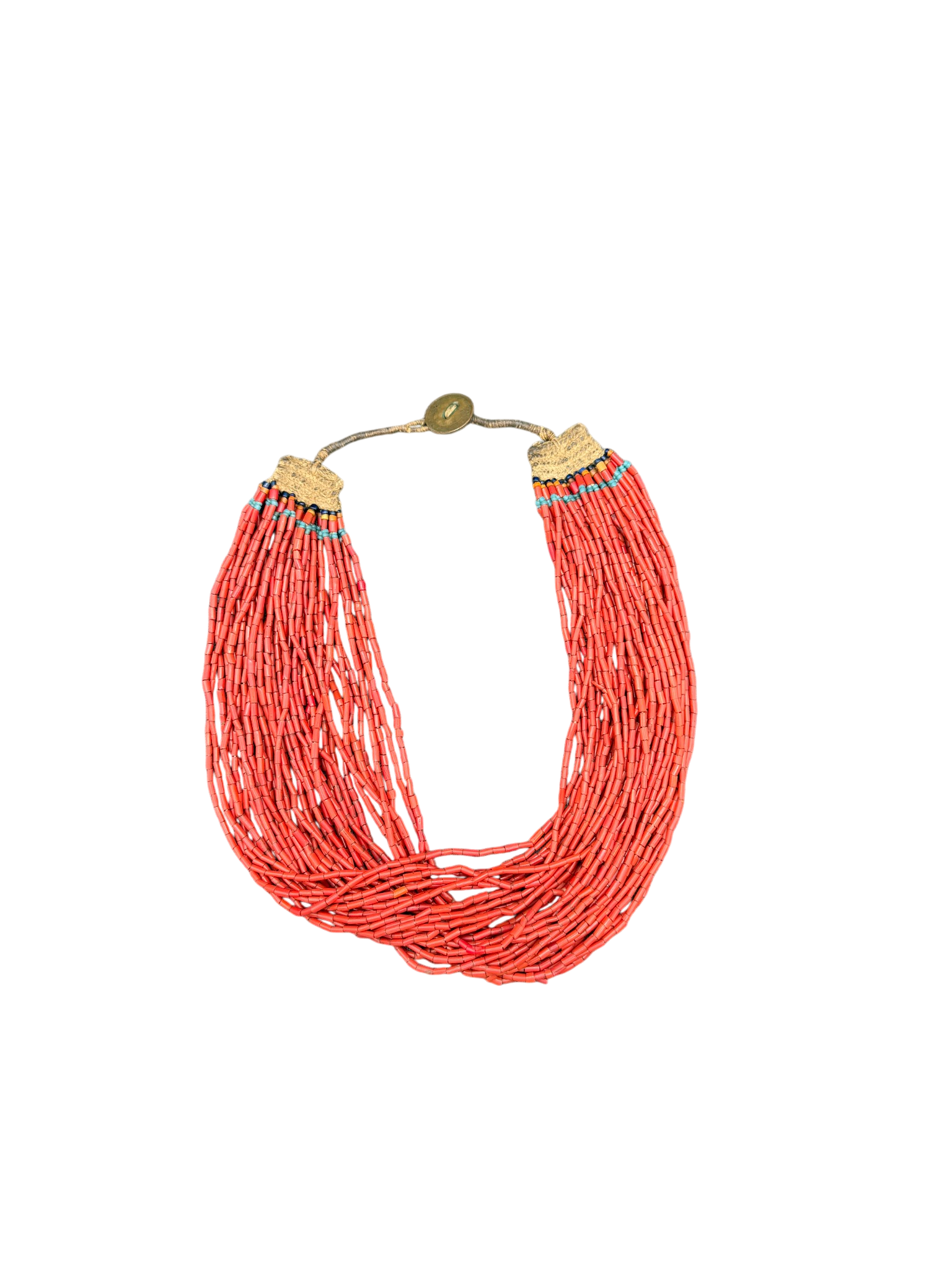 1970s Handmade 38-Strand Coral Bugle Bead Necklace with Coin Clasp