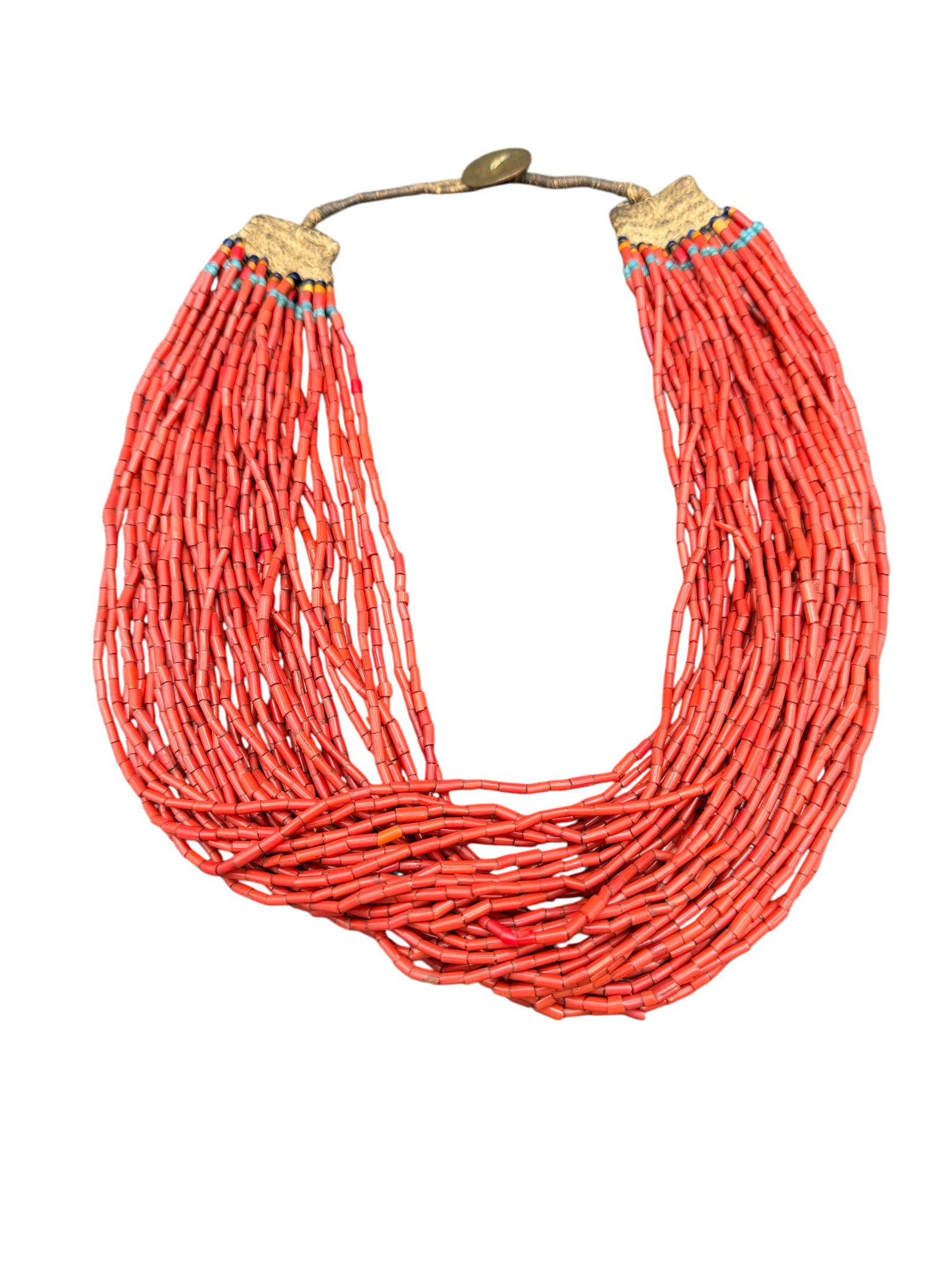 1970s Handmade 38-Strand Coral Bugle Bead Necklace with Coin Clasp