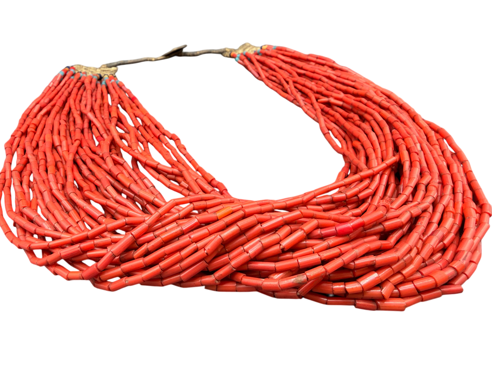 1970s Handmade 38-Strand Coral Bugle Bead Necklace with Coin Clasp