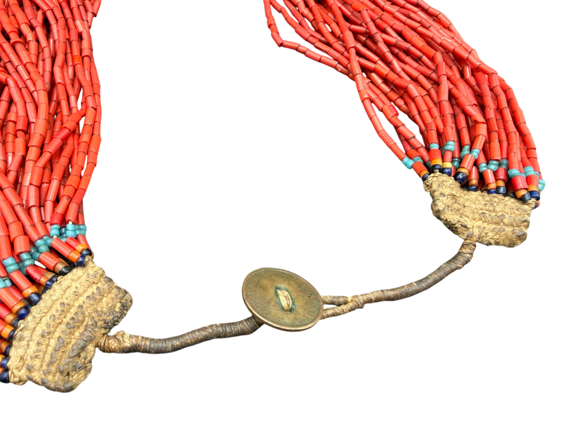 1970s Handmade 38-Strand Coral Bugle Bead Necklace with Coin Clasp