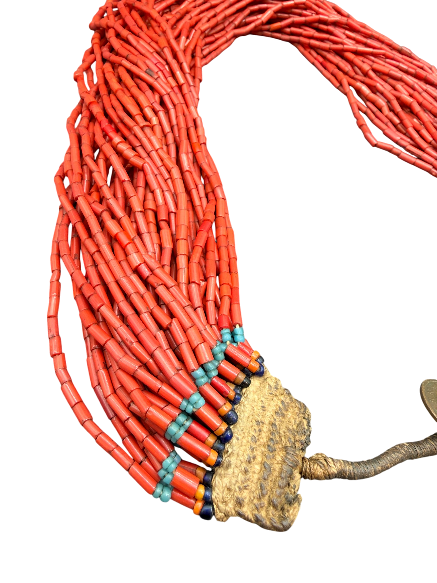 1970s Handmade 38-Strand Coral Bugle Bead Necklace with Coin Clasp