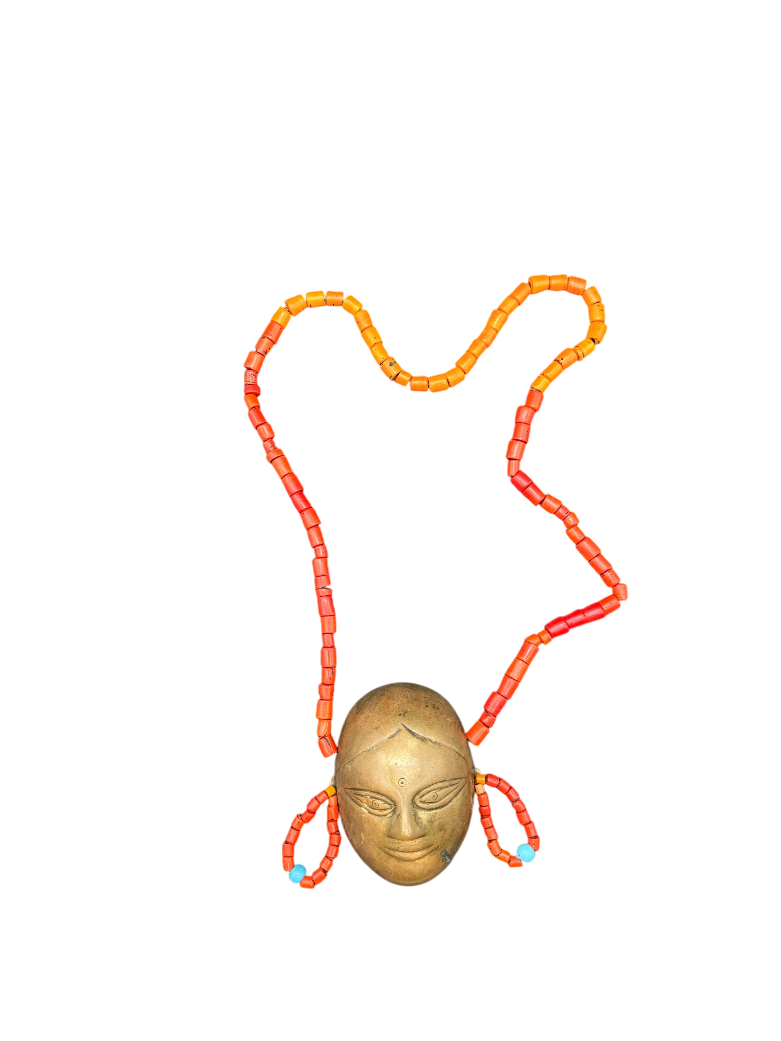 19c. Handmade Naga Orange Glass Trade Bead Necklace with Head Pendant