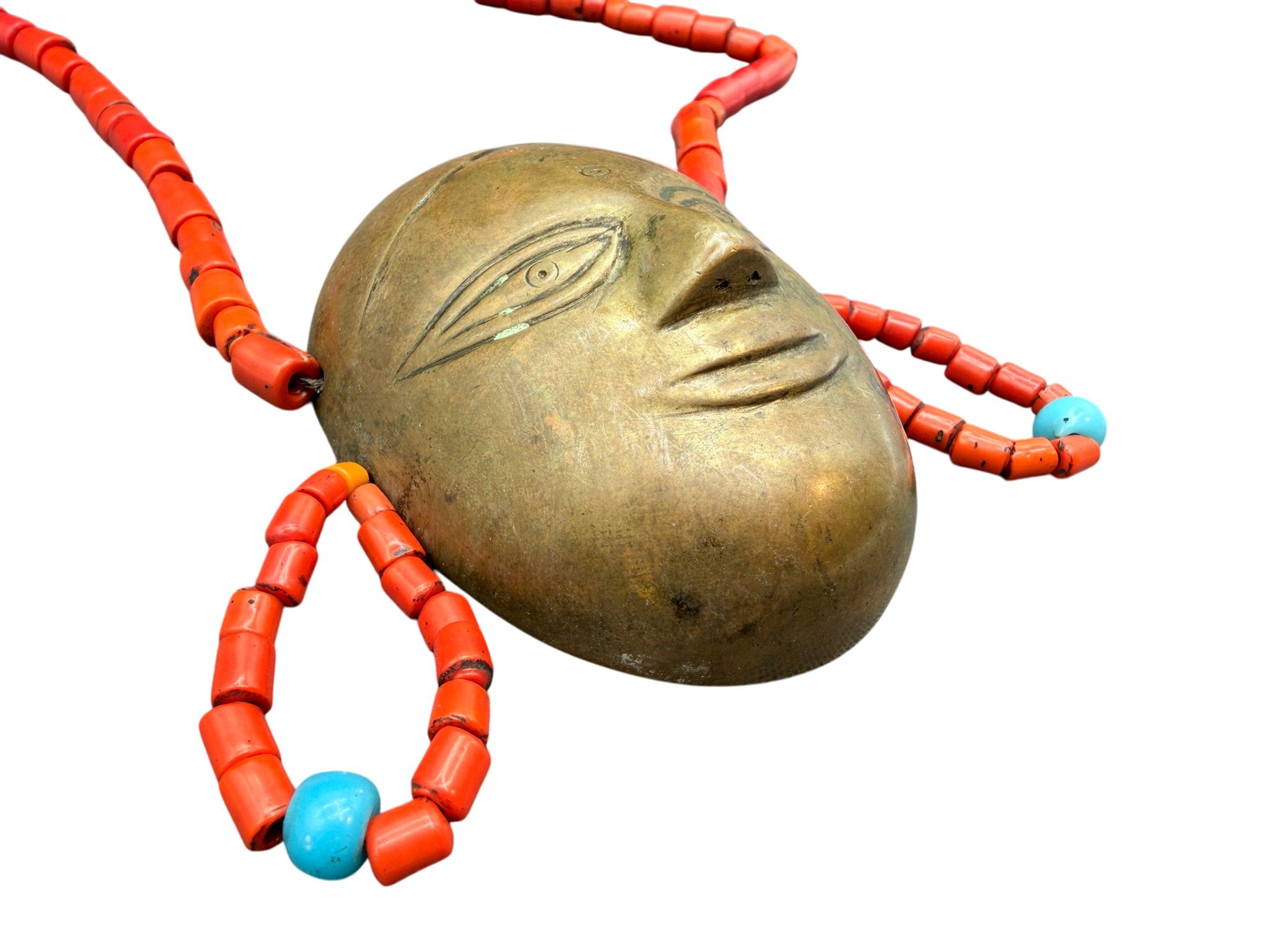 19c. Handmade Naga Orange Glass Trade Bead Necklace with Head Pendant