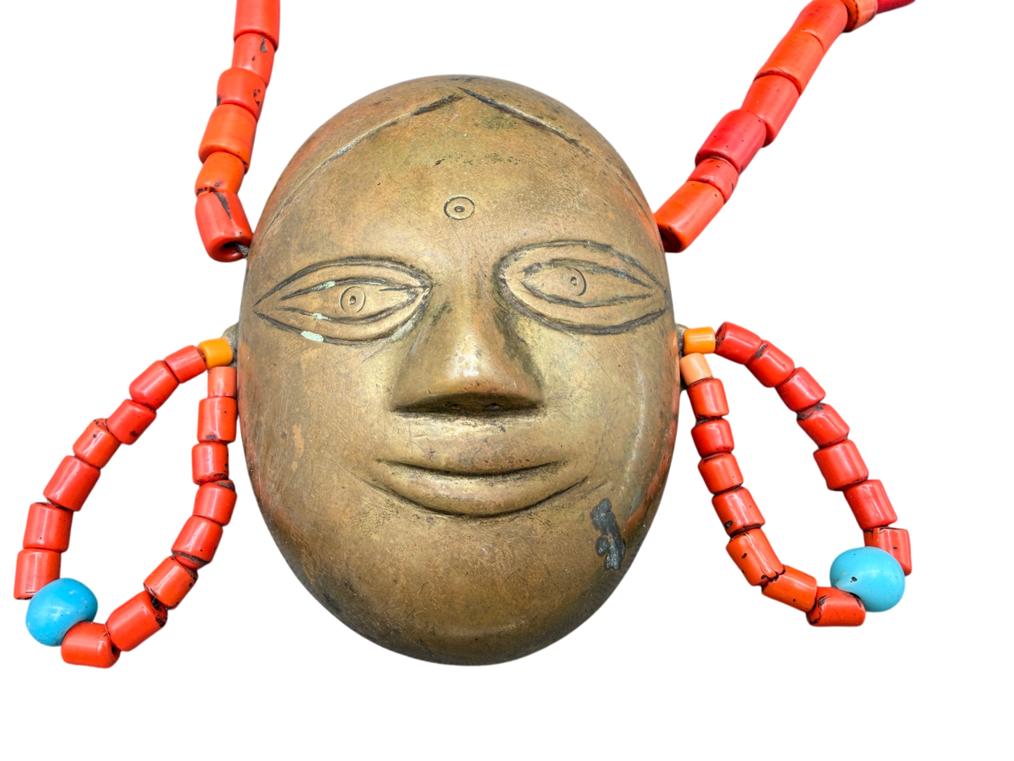 19c. Handmade Naga Orange Glass Trade Bead Necklace with Head Pendant