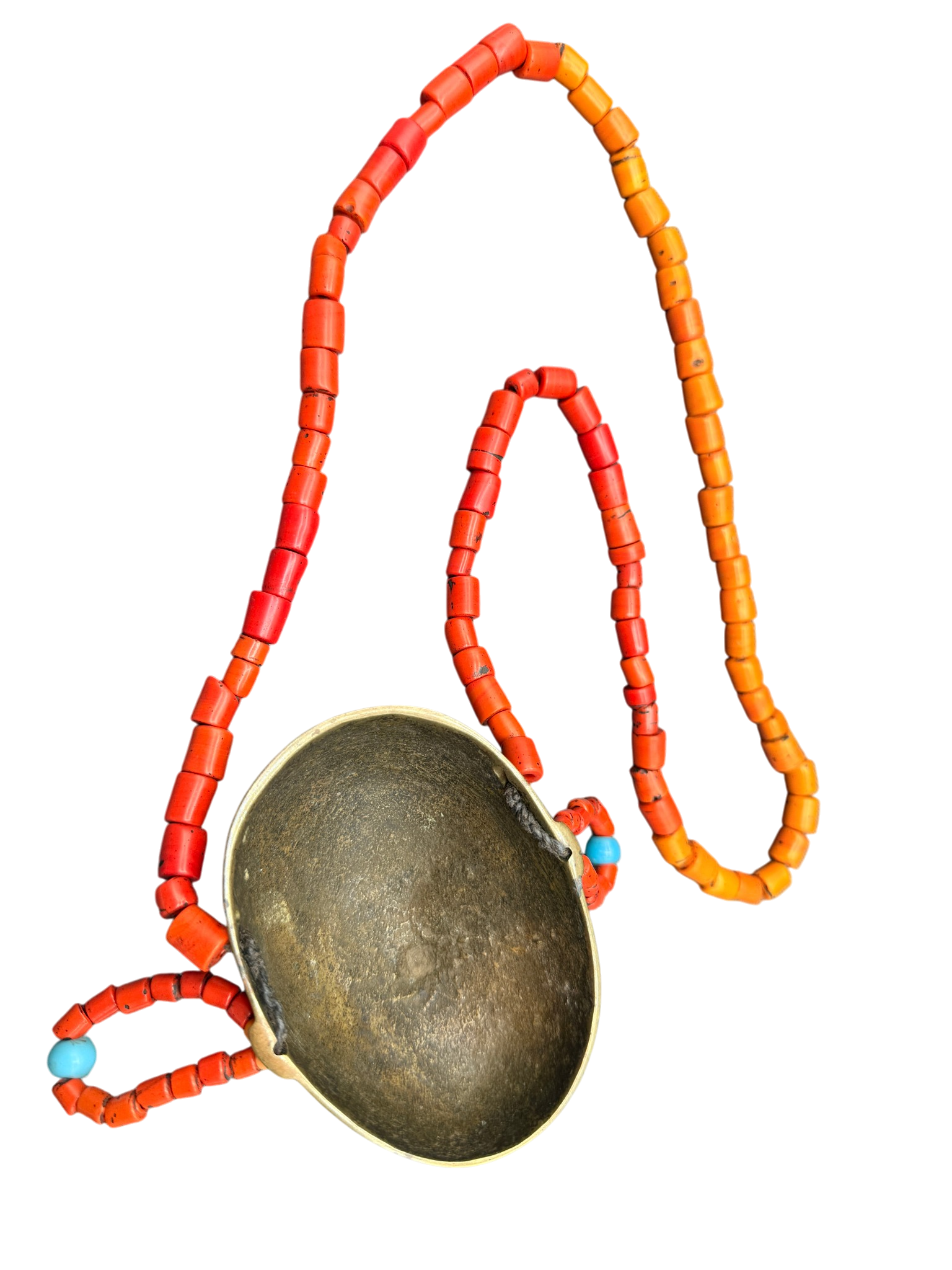 19c. Handmade Naga Orange Glass Trade Bead Necklace with Head Pendant