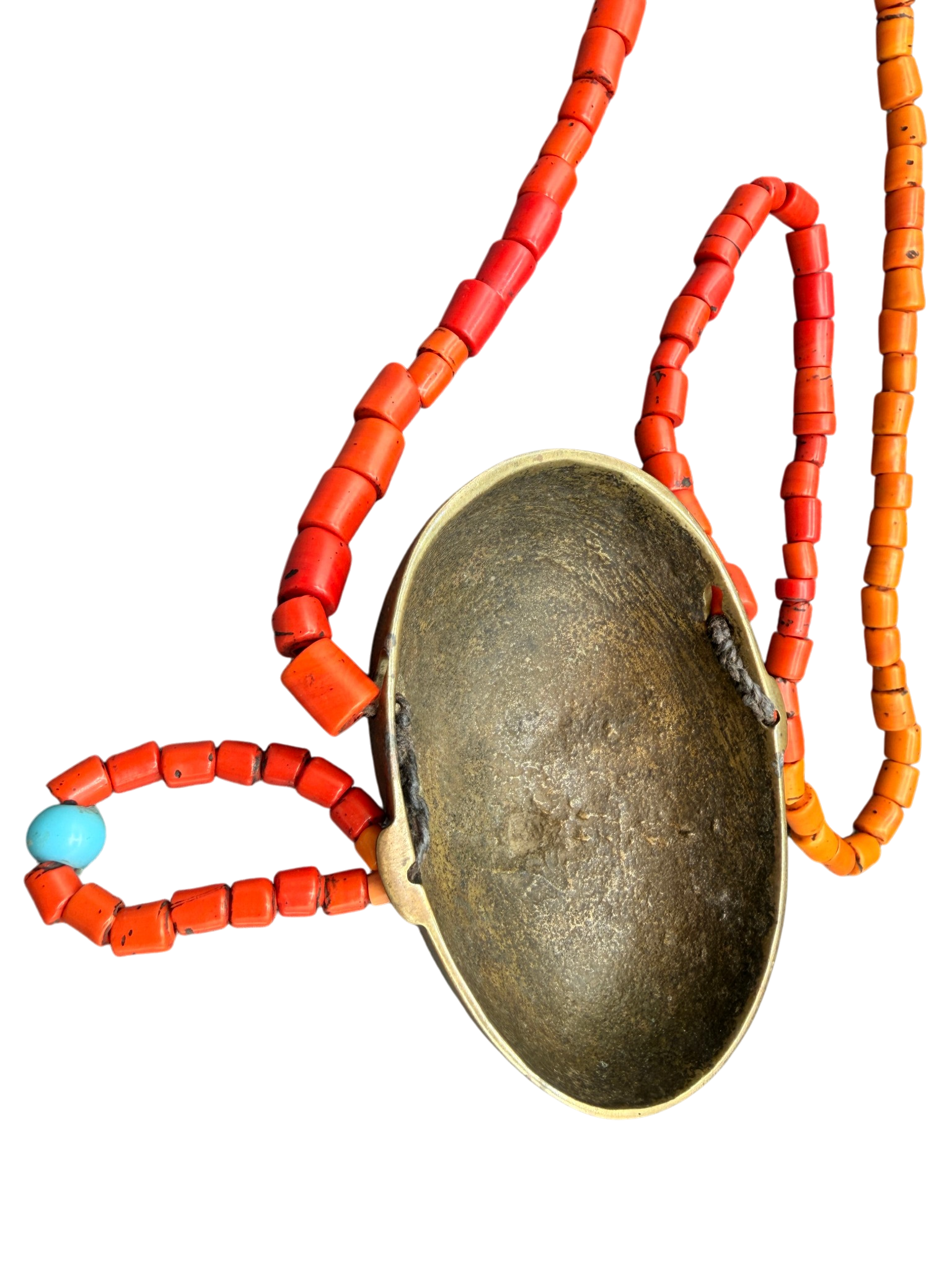 19c. Handmade Naga Orange Glass Trade Bead Necklace with Head Pendant