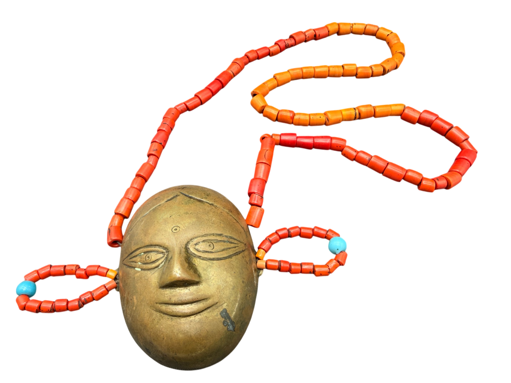 19c. Handmade Naga Orange Glass Trade Bead Necklace with Head Pendant