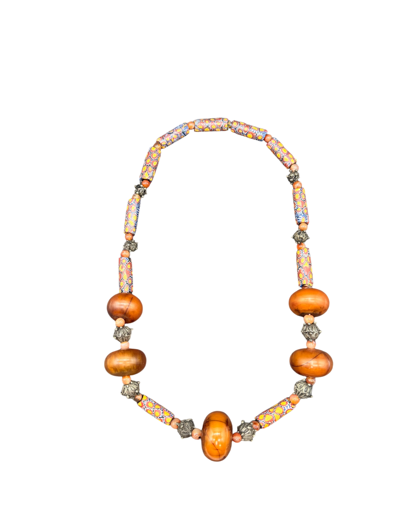 Murano Trade Bead Necklace with Silver-Tone Spacers and Amber Beads
