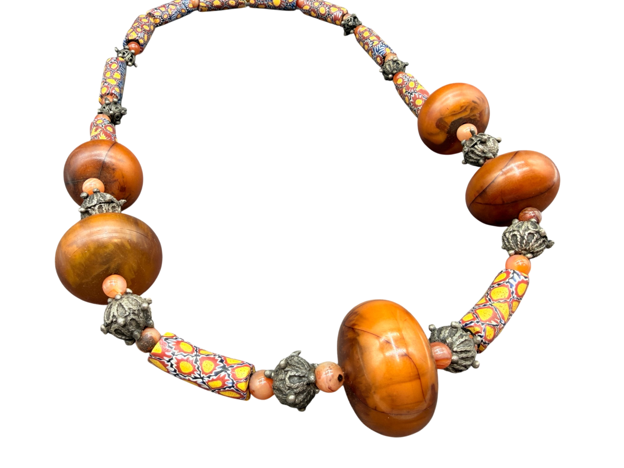 Murano Trade Bead Necklace with Silver-Tone Spacers and Amber Beads
