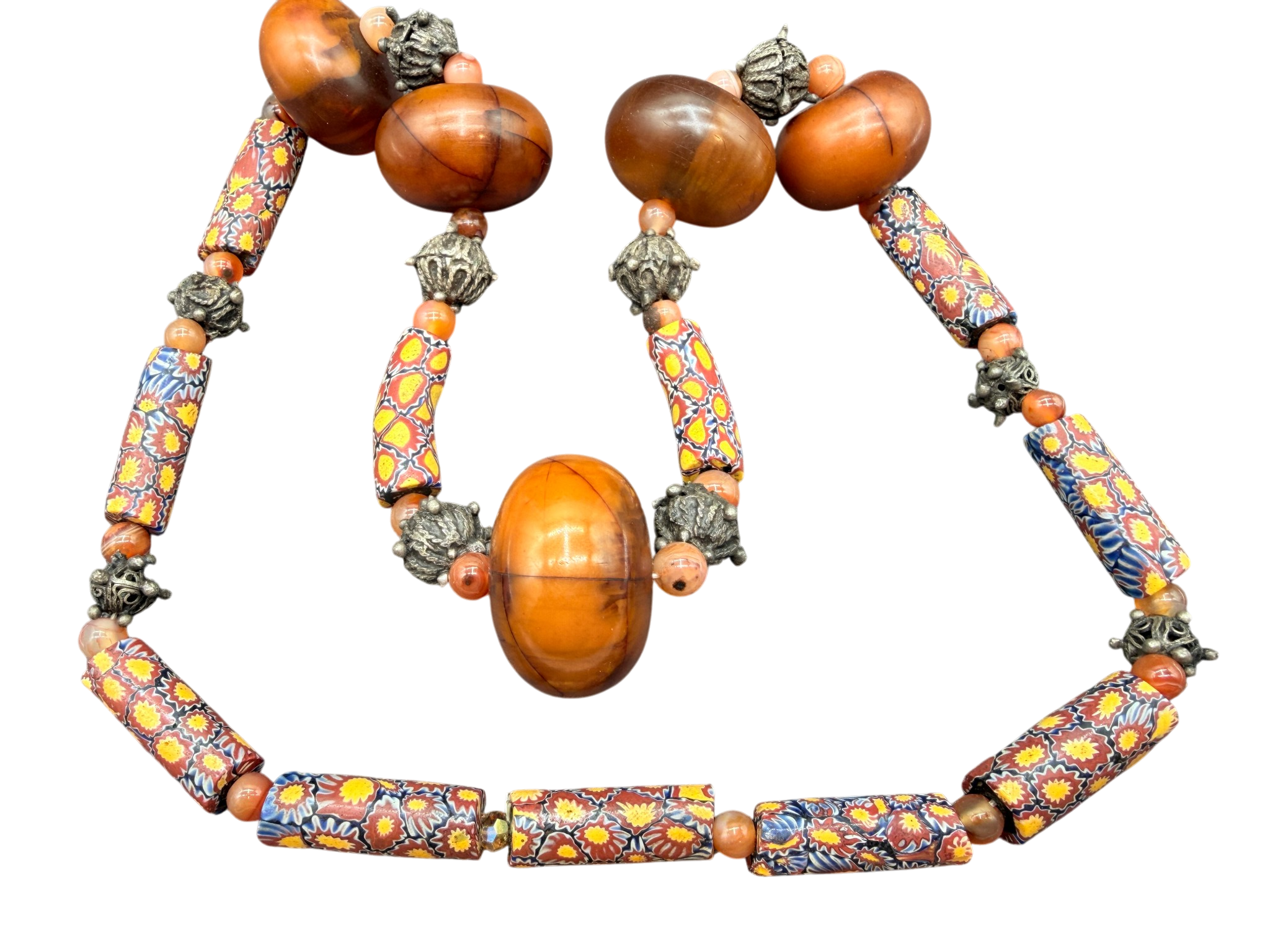 Murano Trade Bead Necklace with Silver-Tone Spacers and Amber Beads