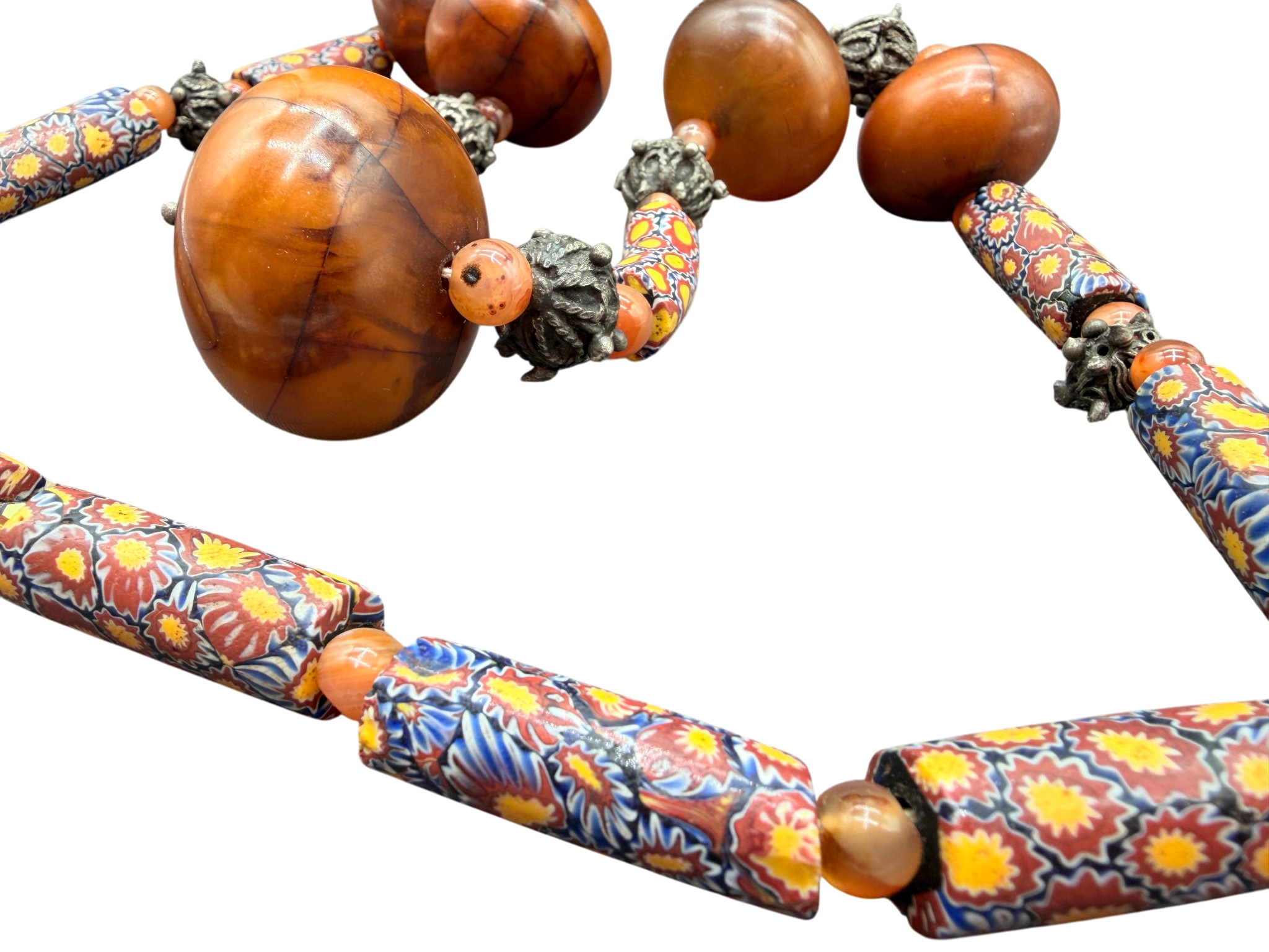 Murano Trade Bead Necklace with Silver-Tone Spacers and Amber Beads