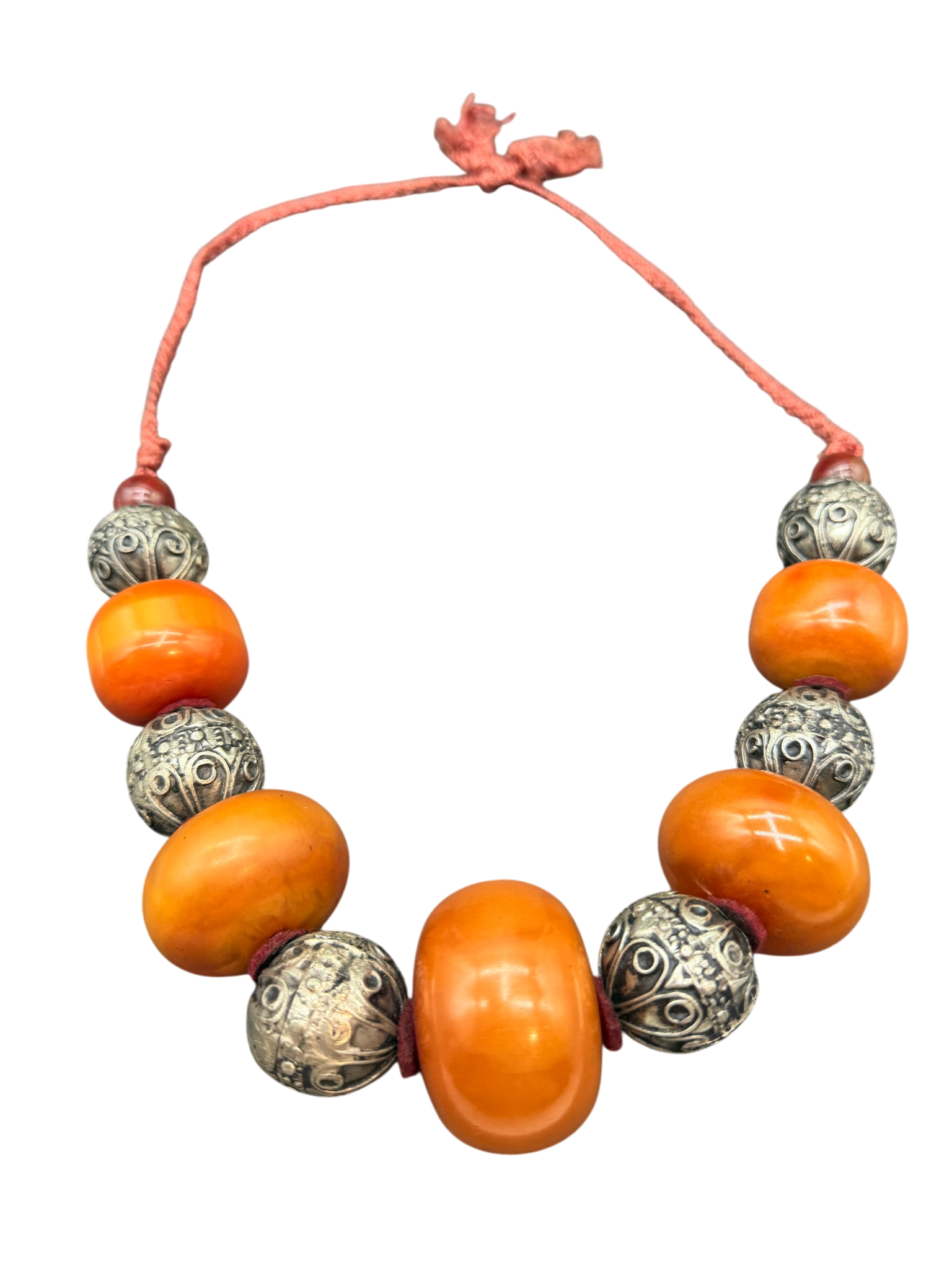 Baltic Honey Amber Statement Necklace with Silver-Tone Spacers on Braided Rope