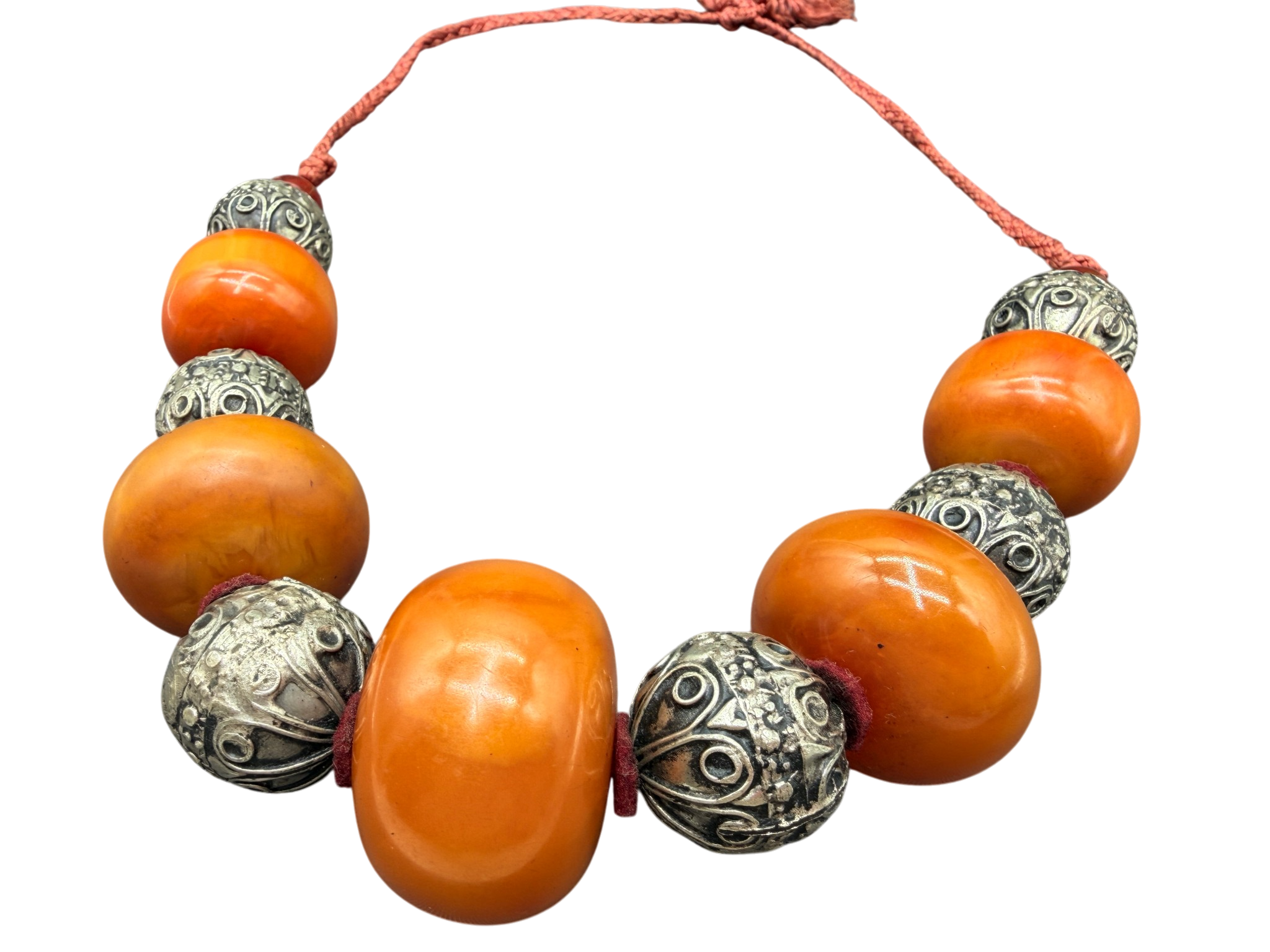 Baltic Honey Amber Statement Necklace with Silver-Tone Spacers on Braided Rope