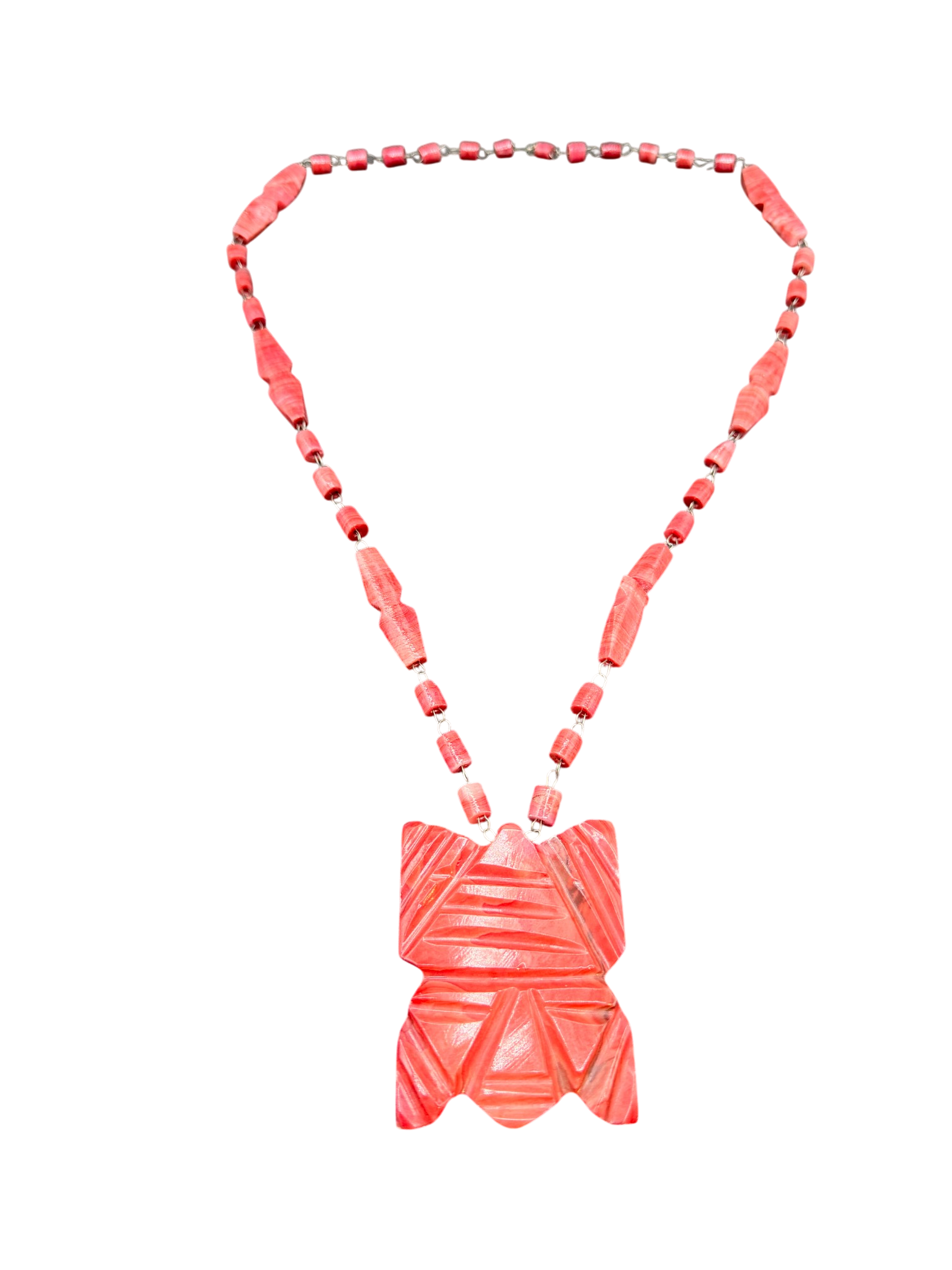 Dyed Alabaster Hand-Carved Tribal Face Pendant on Rosary-Style Necklace