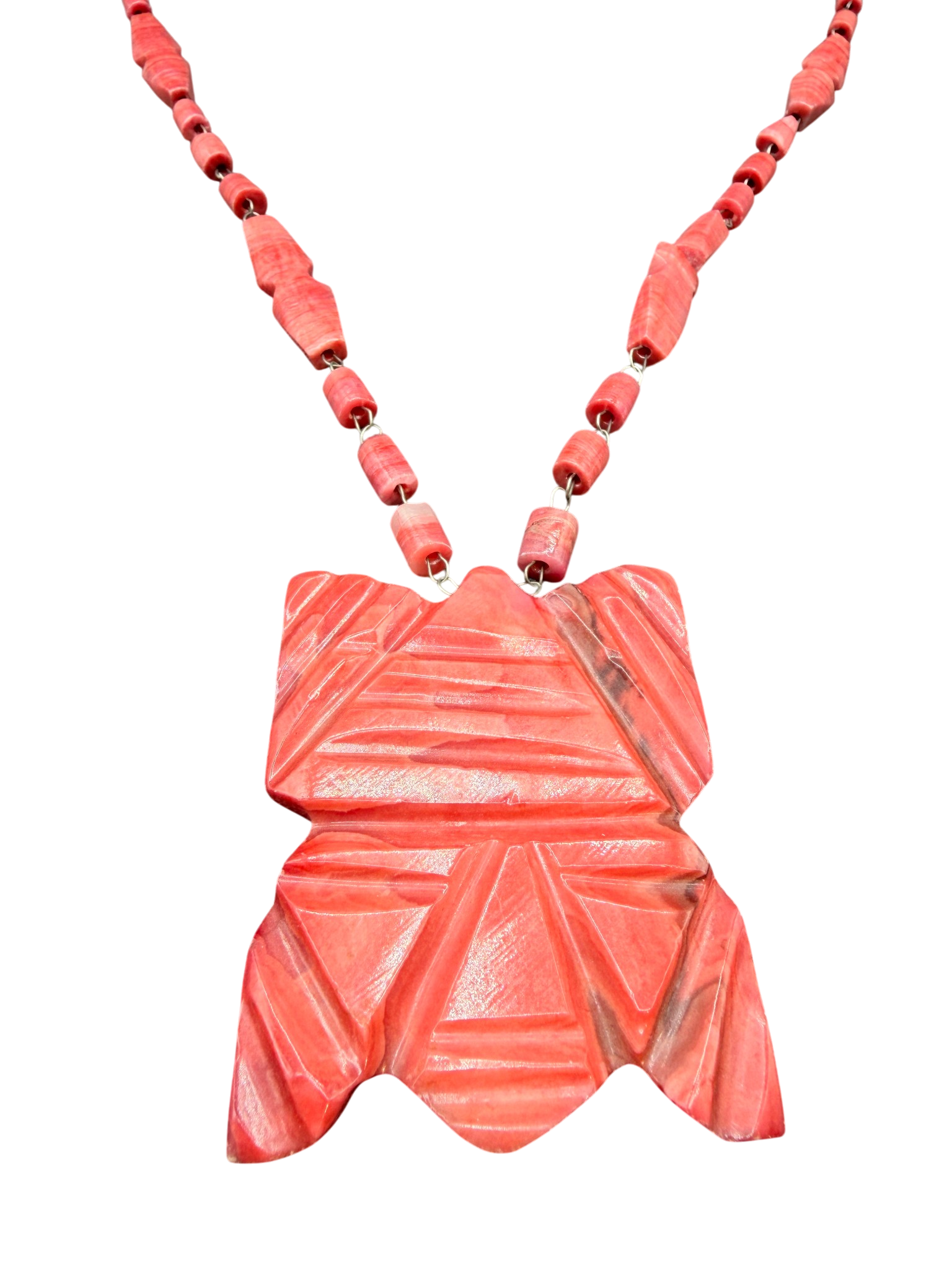 Dyed Alabaster Hand-Carved Tribal Face Pendant on Rosary-Style Necklace