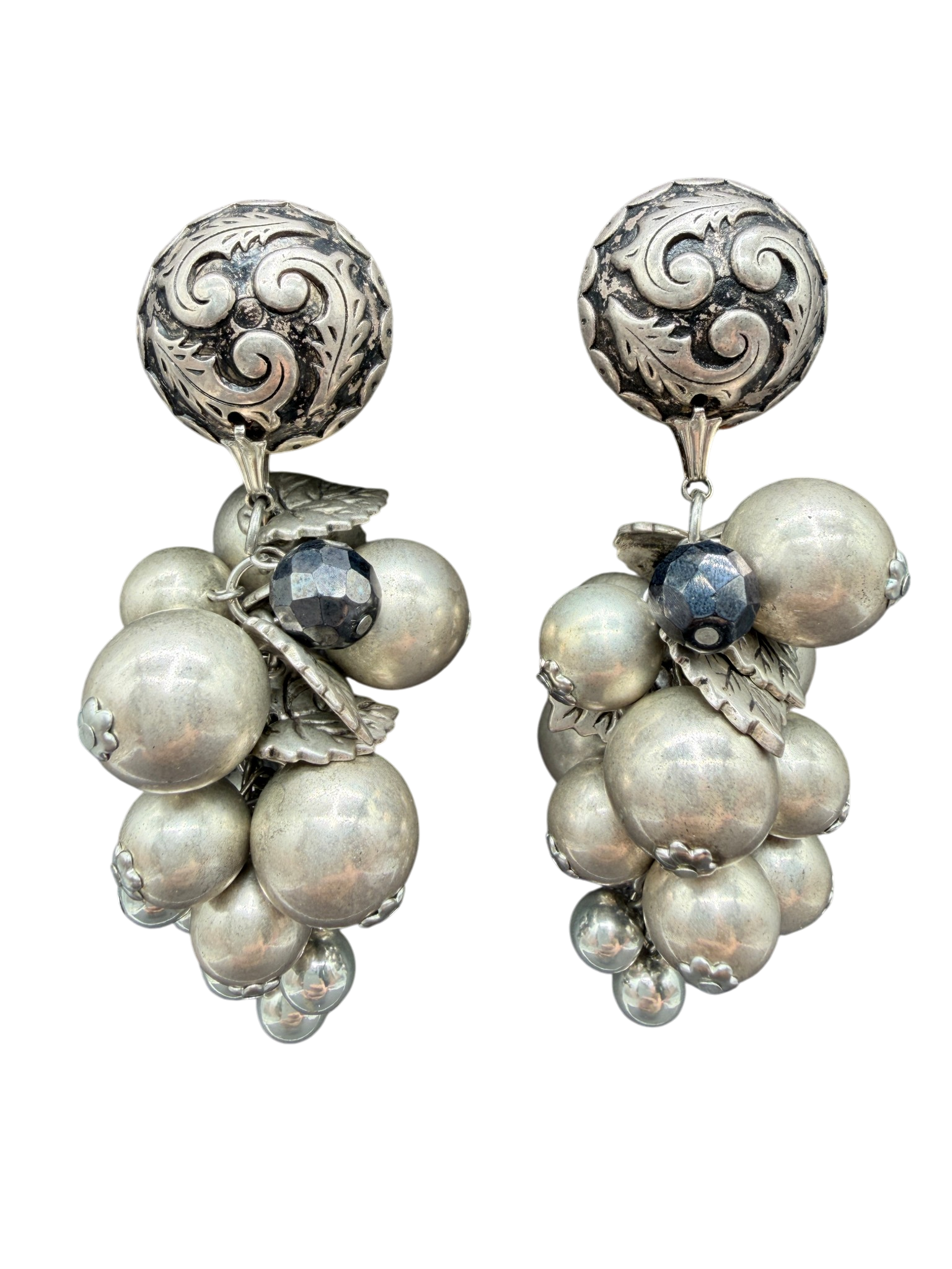 1970s Sterling Silver Grape Cluster Dangle Earrings with Thistle Leaf Detail