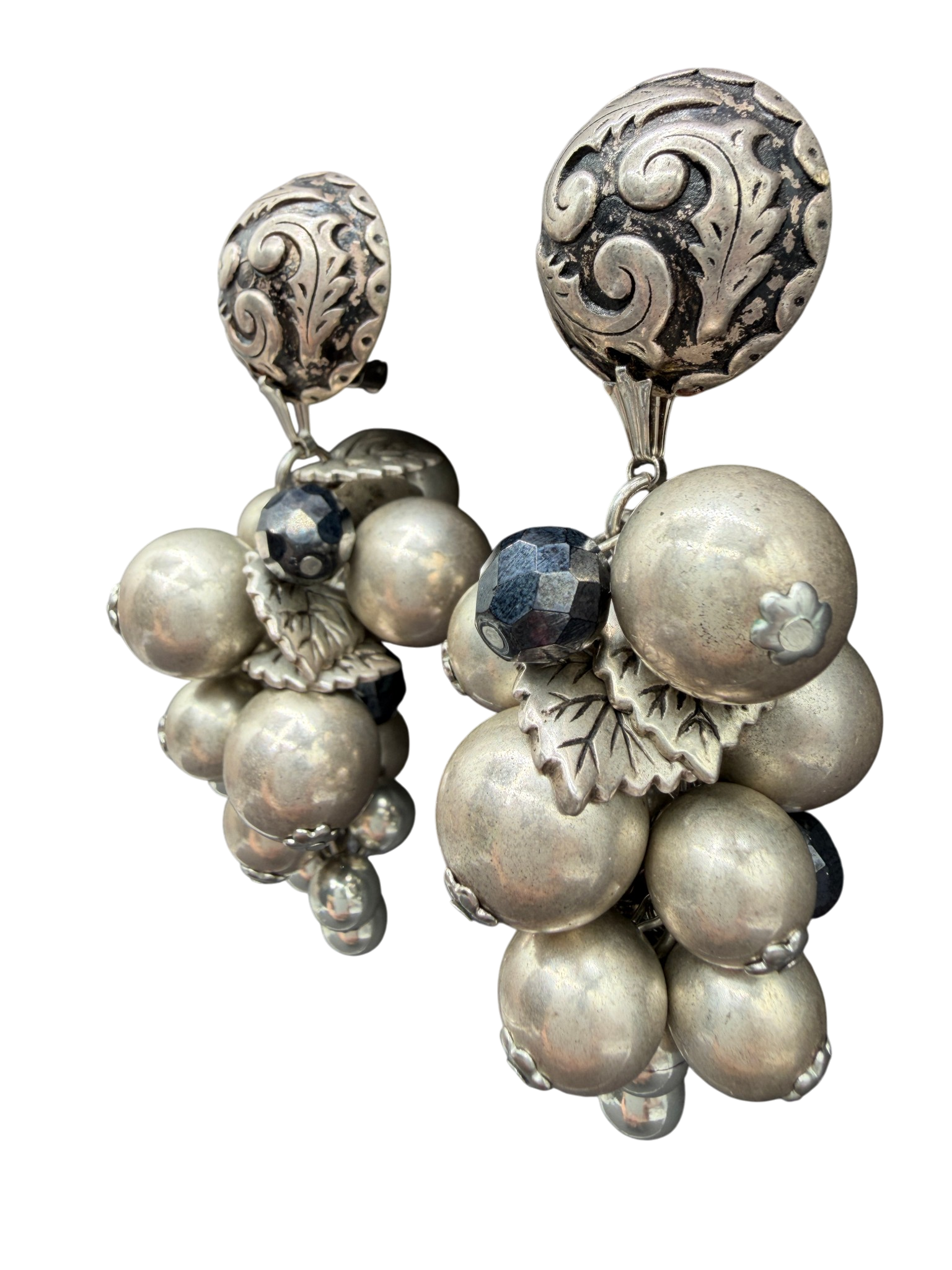 1980s Satellite Paris Sterling Silver Grape Cluster Dangle Earrings with Thistle Leaf Detail