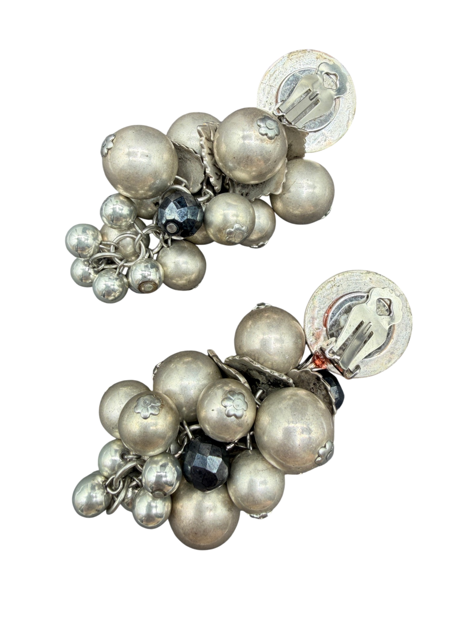 1980s Satellite Paris Sterling Silver Grape Cluster Dangle Earrings with Thistle Leaf Detail