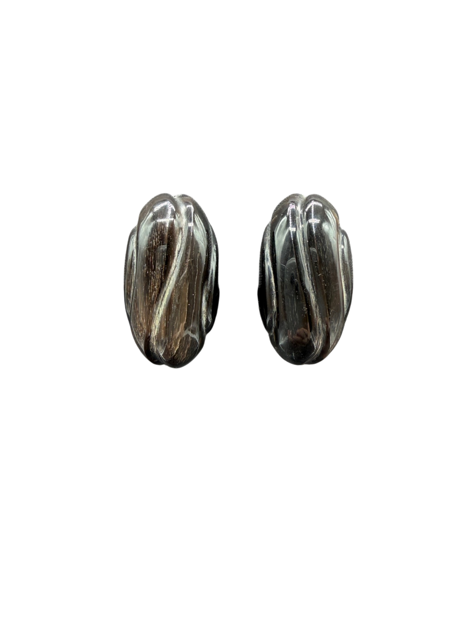 1960s Carved Black Horn Oval Clip Earrings