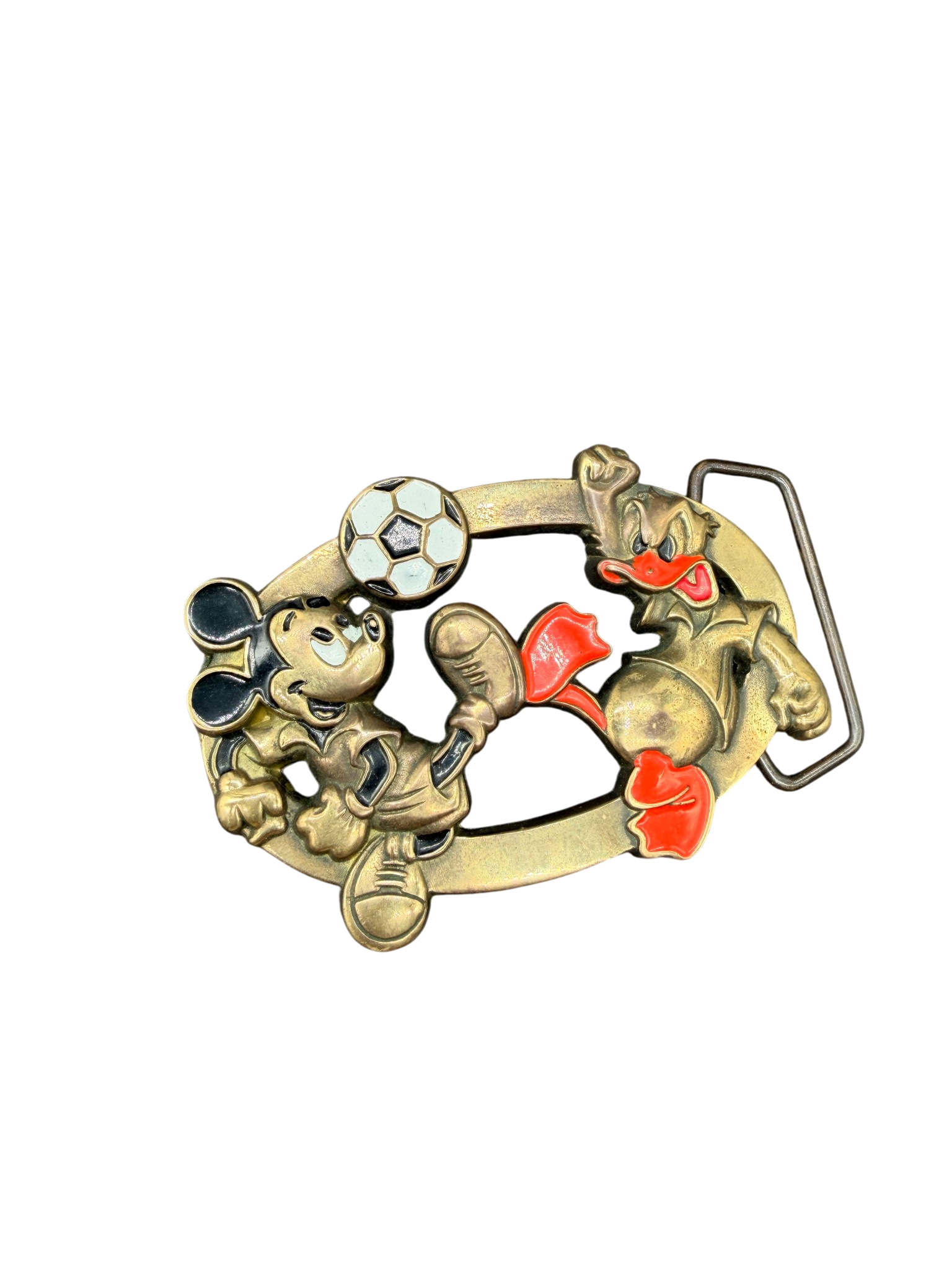 1970s Walt Disney Solid Brass Mickey & Donald Soccer Belt Buckle