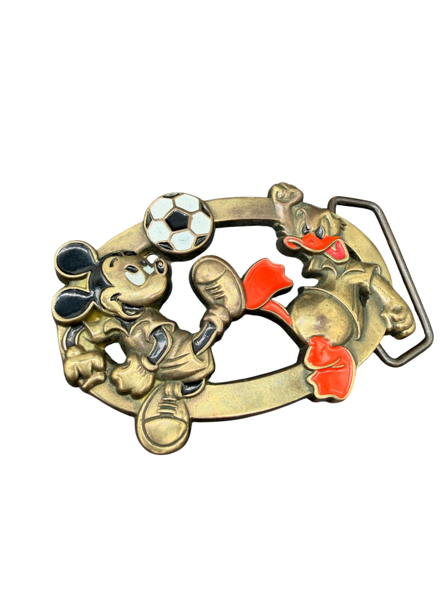 1970s Walt Disney Solid Brass Mickey & Donald Soccer Belt Buckle