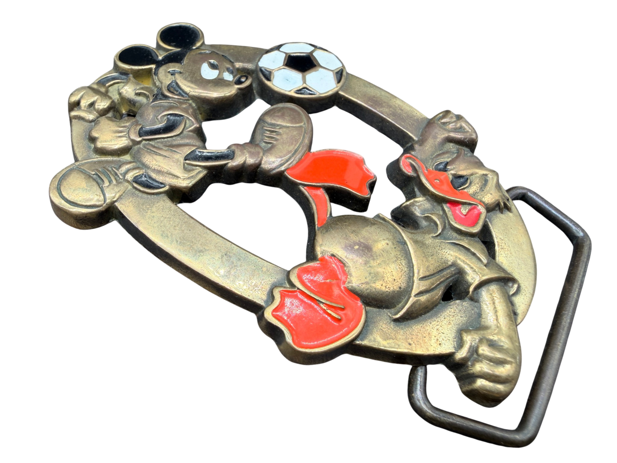 1970s Walt Disney Solid Brass Mickey & Donald Soccer Belt Buckle
