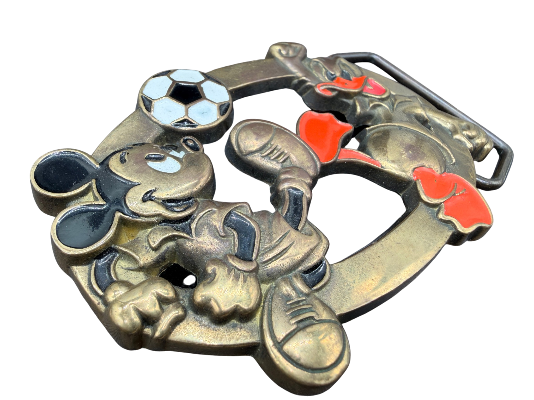 1970s Walt Disney Solid Brass Mickey & Donald Soccer Belt Buckle