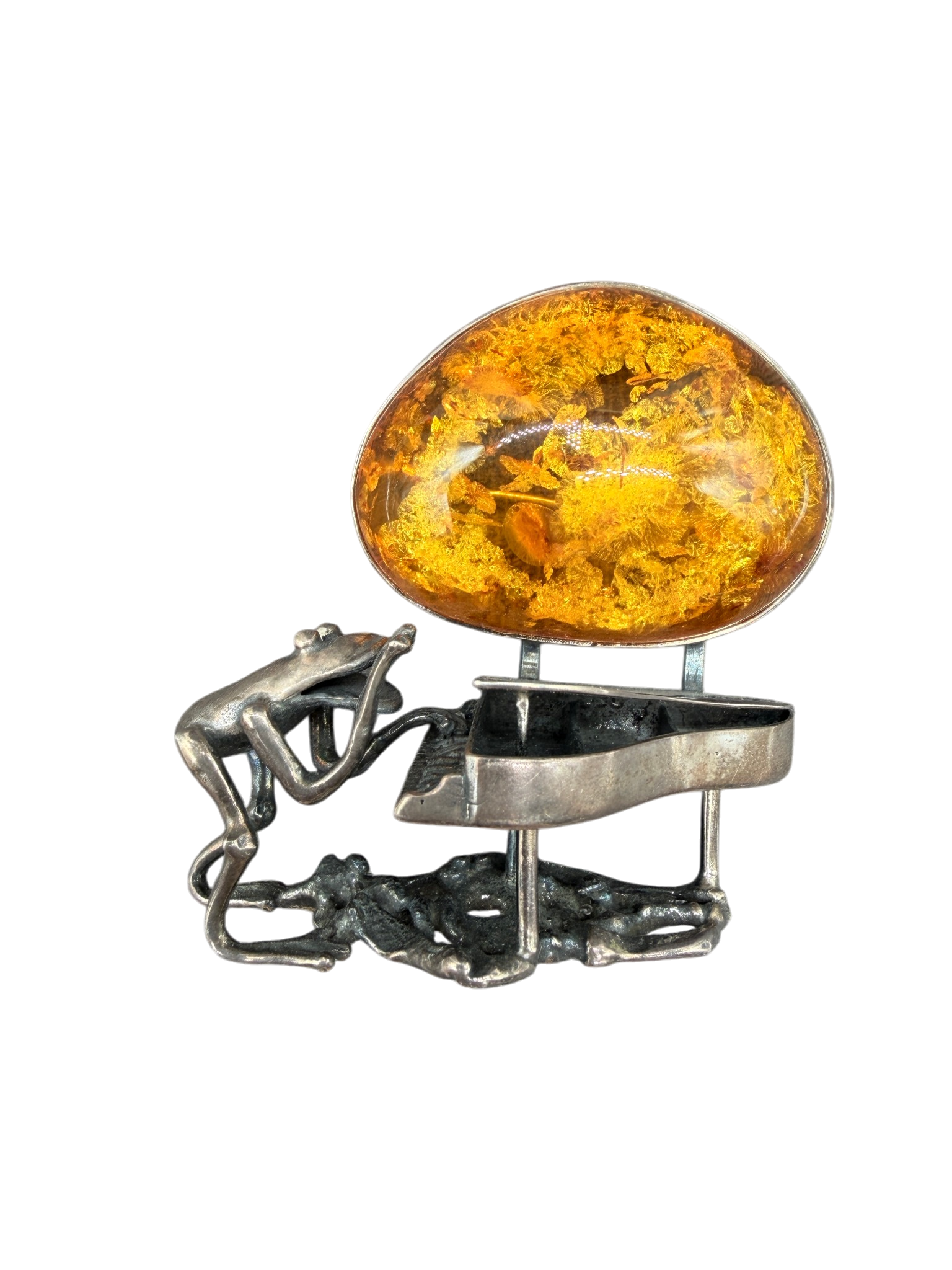 1960s Sterling Silver Frog Playing Piano Brooch with Amber Moon