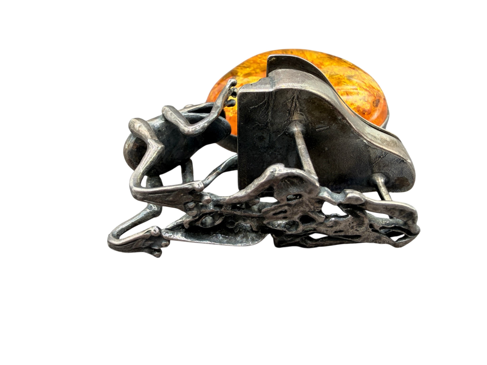 1960s Sterling Silver Frog Playing Piano Brooch with Amber Moon