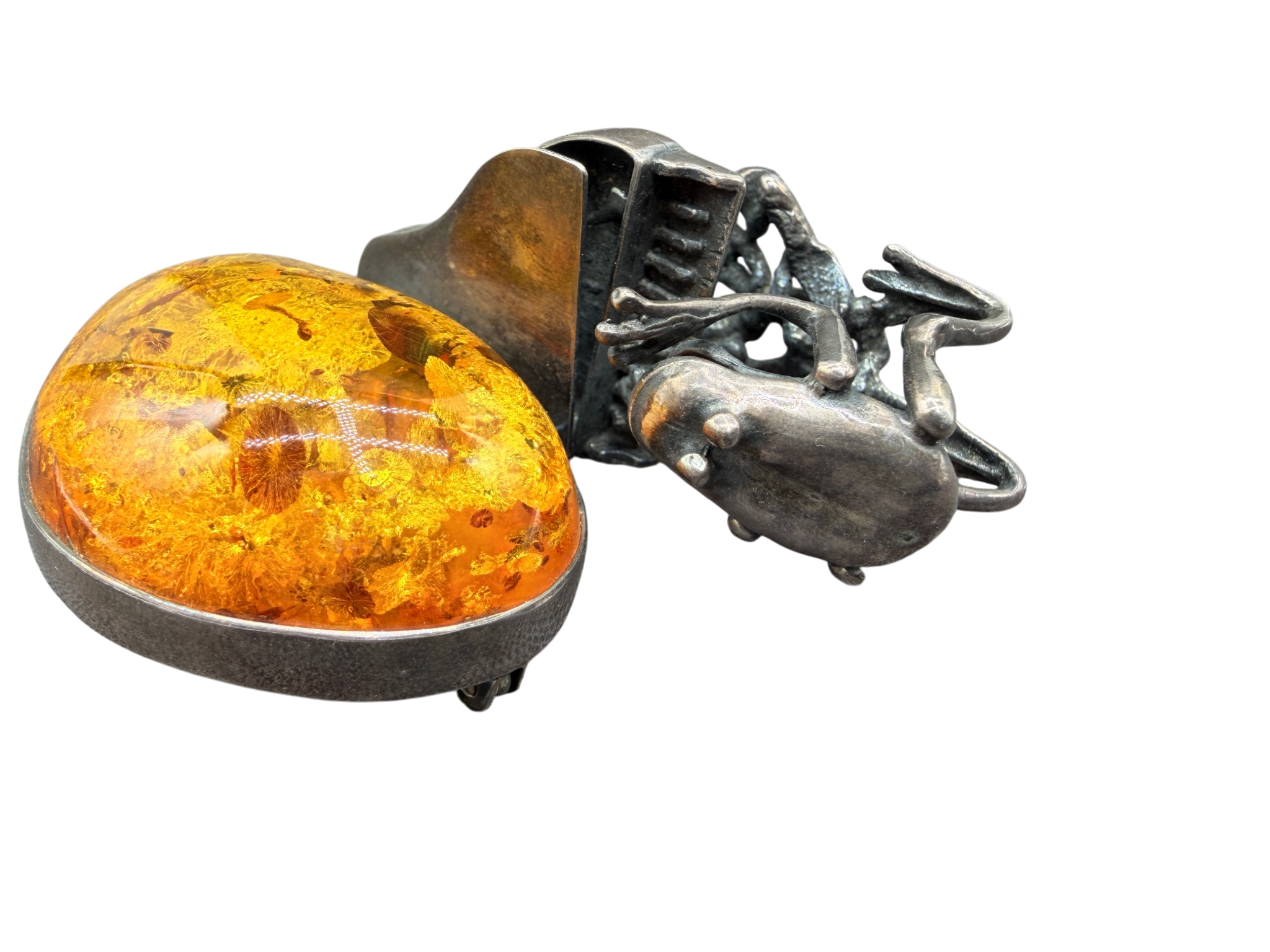 1960s Sterling Silver Frog Playing Piano Brooch with Amber Moon