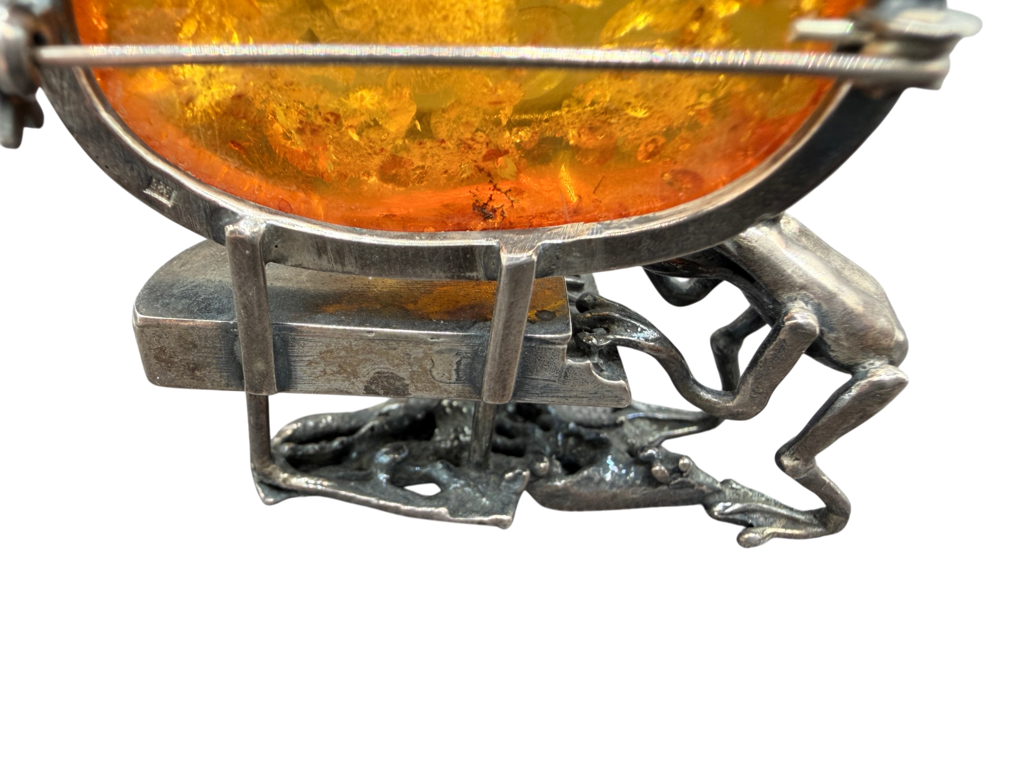 1960s Sterling Silver Frog Playing Piano Brooch with Amber Moon